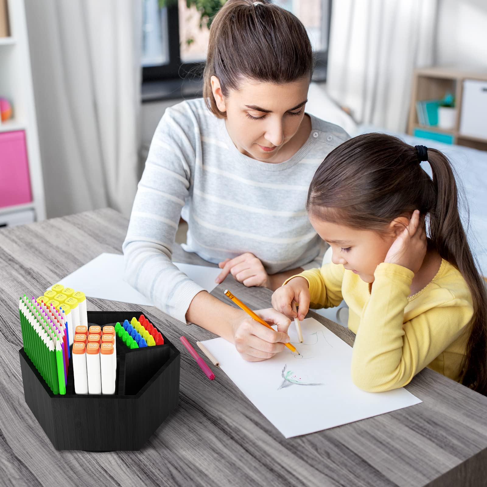Kids Art Caddy Organizer - 7-Compartment Bamboo Rotating Desk Storage for 325+ Pencils, Markers & Craft Supplies | Perfect for Classroom, Homeschool & Art Studio Organization (Black)