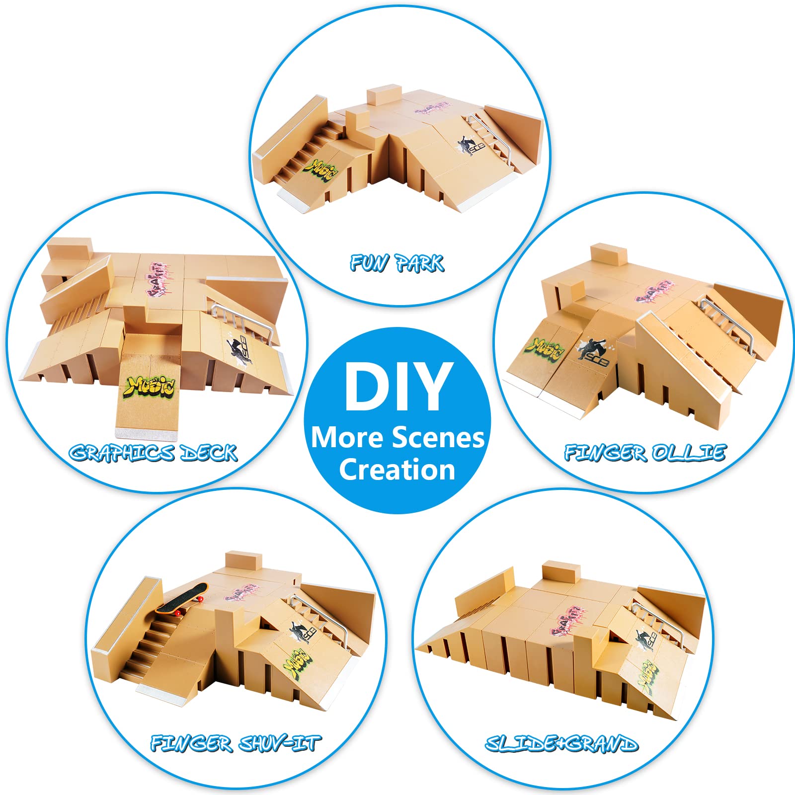Fingerboard Skate Park Kit - 3 Mini Finger Skateboards & 8 Ramp Set for Kids Ages 5+ | Perfect Gift for Boys & Girls | Portable Fingerboard Training Set for Indoor & Outdoor Play