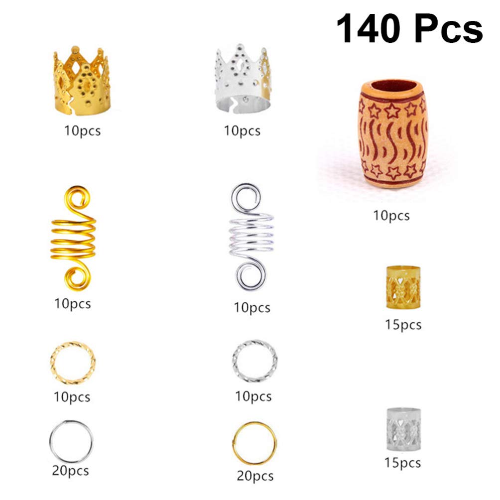 KALLORY 140pcs Gold Hair Braid Clips & Rings - Dreadlock Cuffs, Hair Charms & Beads for Dreadlocks - Fabric Beads Accessories for Weaving & Knitting (Perfect for Boho Hairstyles & Festival Looks)