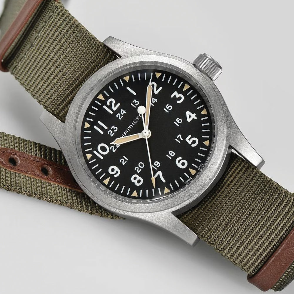 Khaki Field Mechanical 38mm Black Watch with Textile Strap - Perfect for Outdoor Adventures & Casual Wear