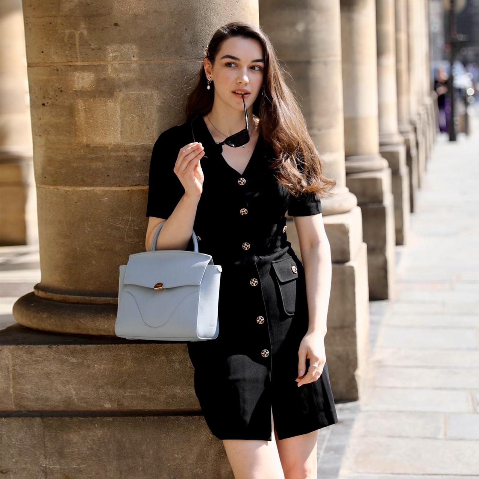 Women's Triacetate Black Mini Dress - Business Casual A-Line V-Neck Button Front Dress for Work, Office & Teaching | Perfect for Professional Meetings, Office Parties & Smart Casual Occasions