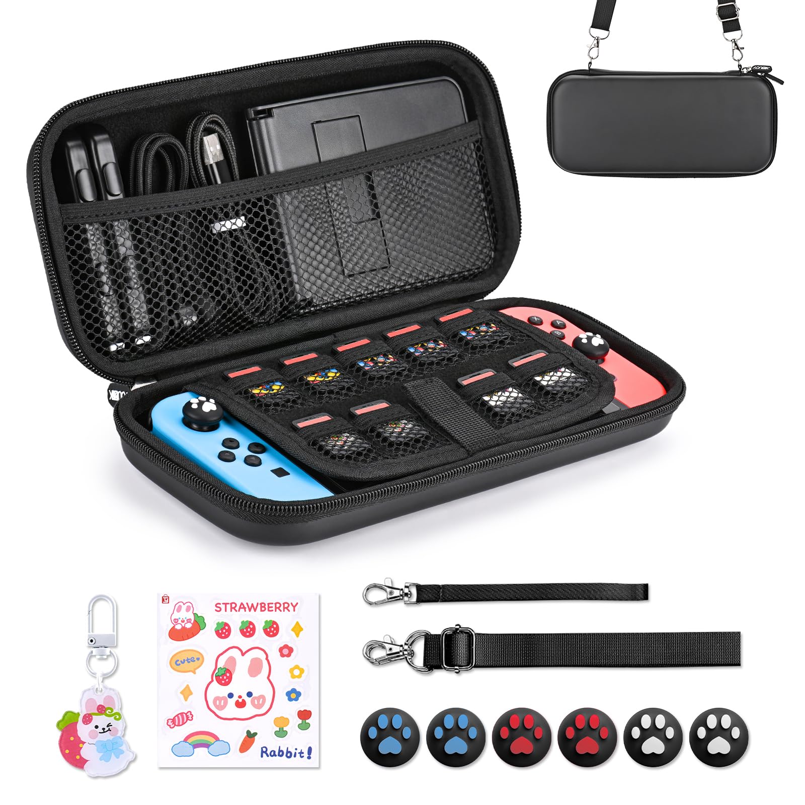 Younik 11-in-1 Nintendo Switch & Switch OLED Accessories Kit - Protective Carrying Case, Thumb Grips, Cute Stickers & Pendant for Gaming On-The-Go, Travel & Home Entertainment