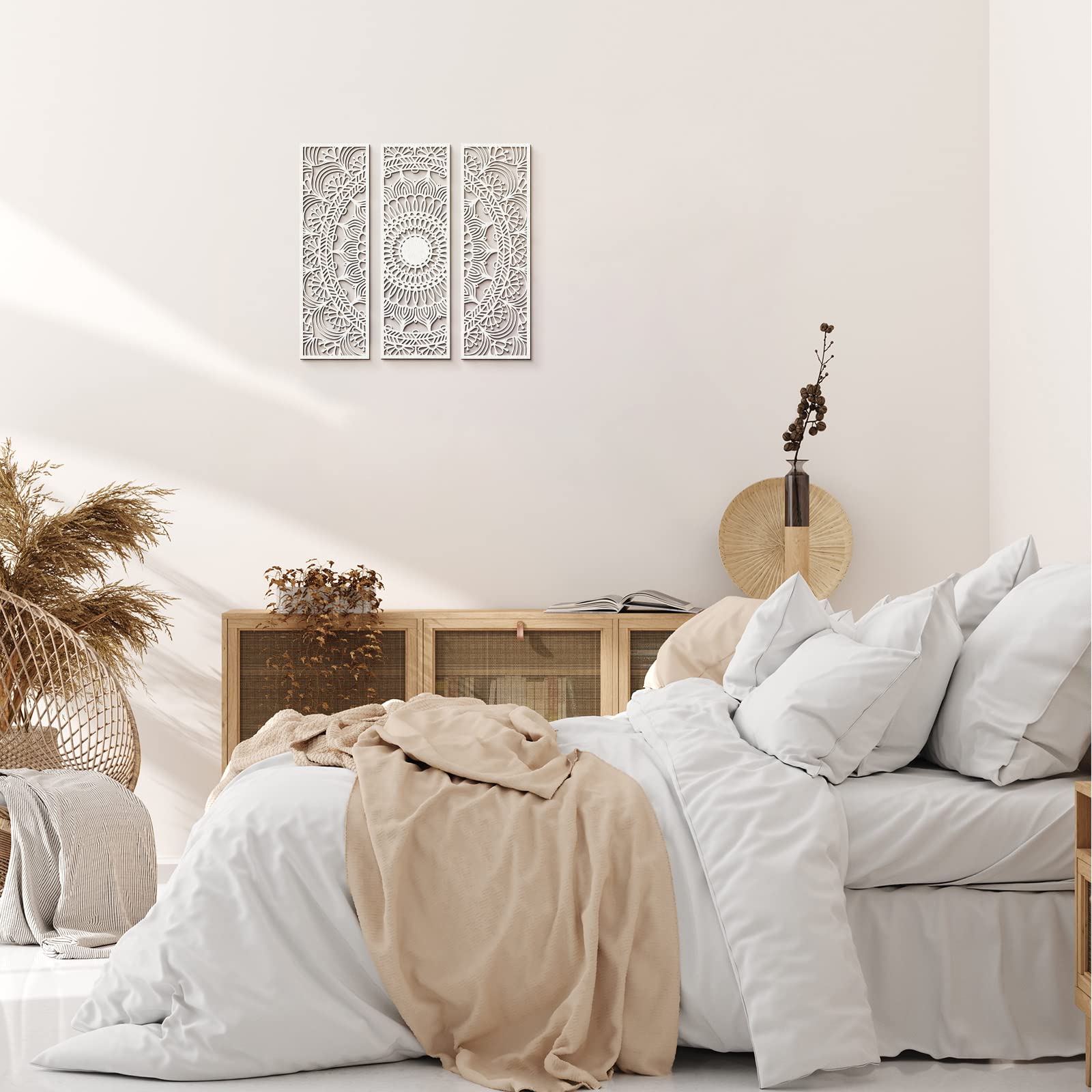 Blulu 3-Piece Mandala Wall Art Set - Hand-Carved Wooden Plaques with Floral Design, Modern Farmhouse Decor for Home & Bathroom (15.8 x 5.1 Inch, White) | Perfect for Living Room, Bedroom, Office & Spa Decor