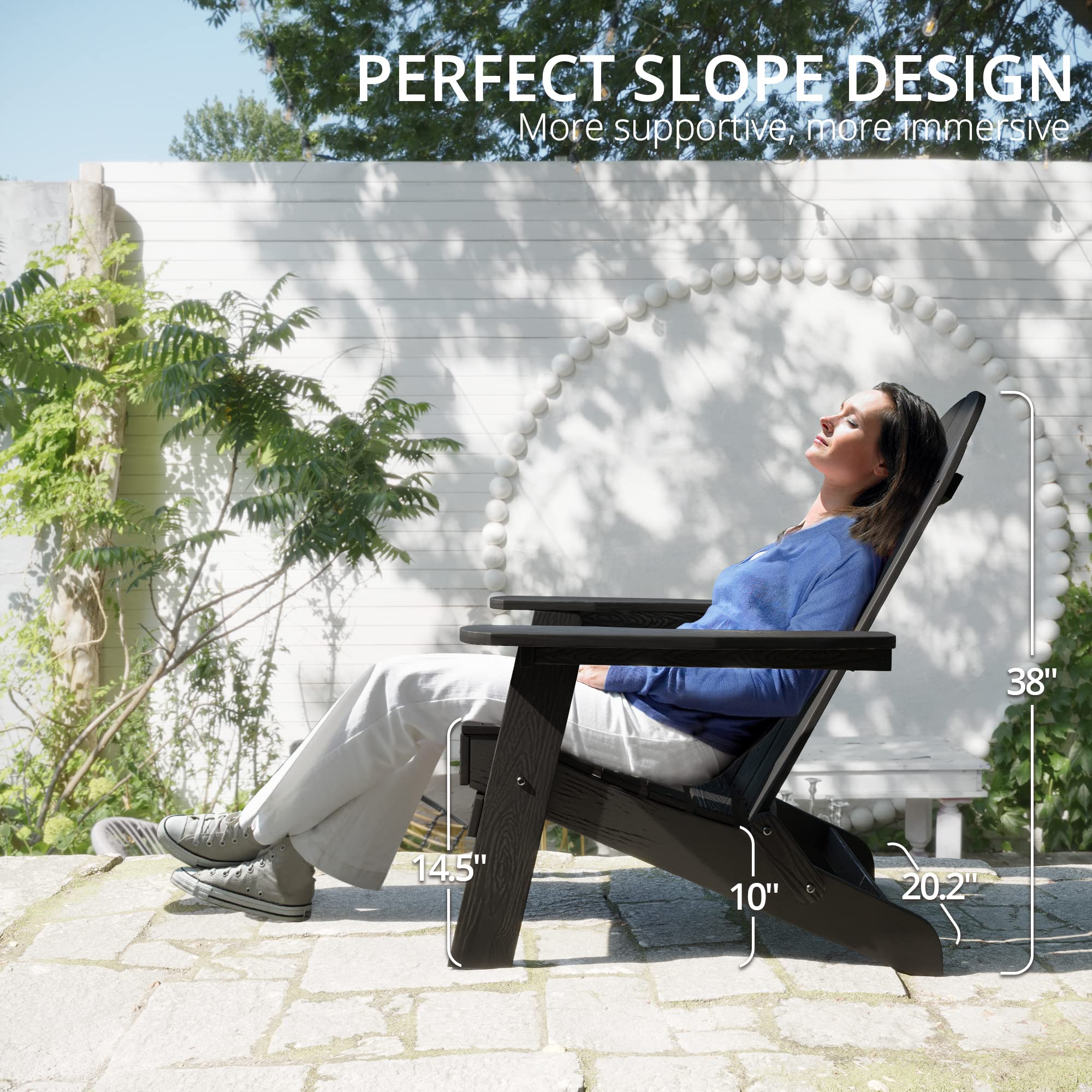 LUE BONA 2-Piece Folding Adirondack Chair Set with Side Table - Black HDPS Fire-Resistant Outdoor Patio Furniture with Cup Holders | Perfect for Backyard, Garden, Deck & Poolside Relaxation