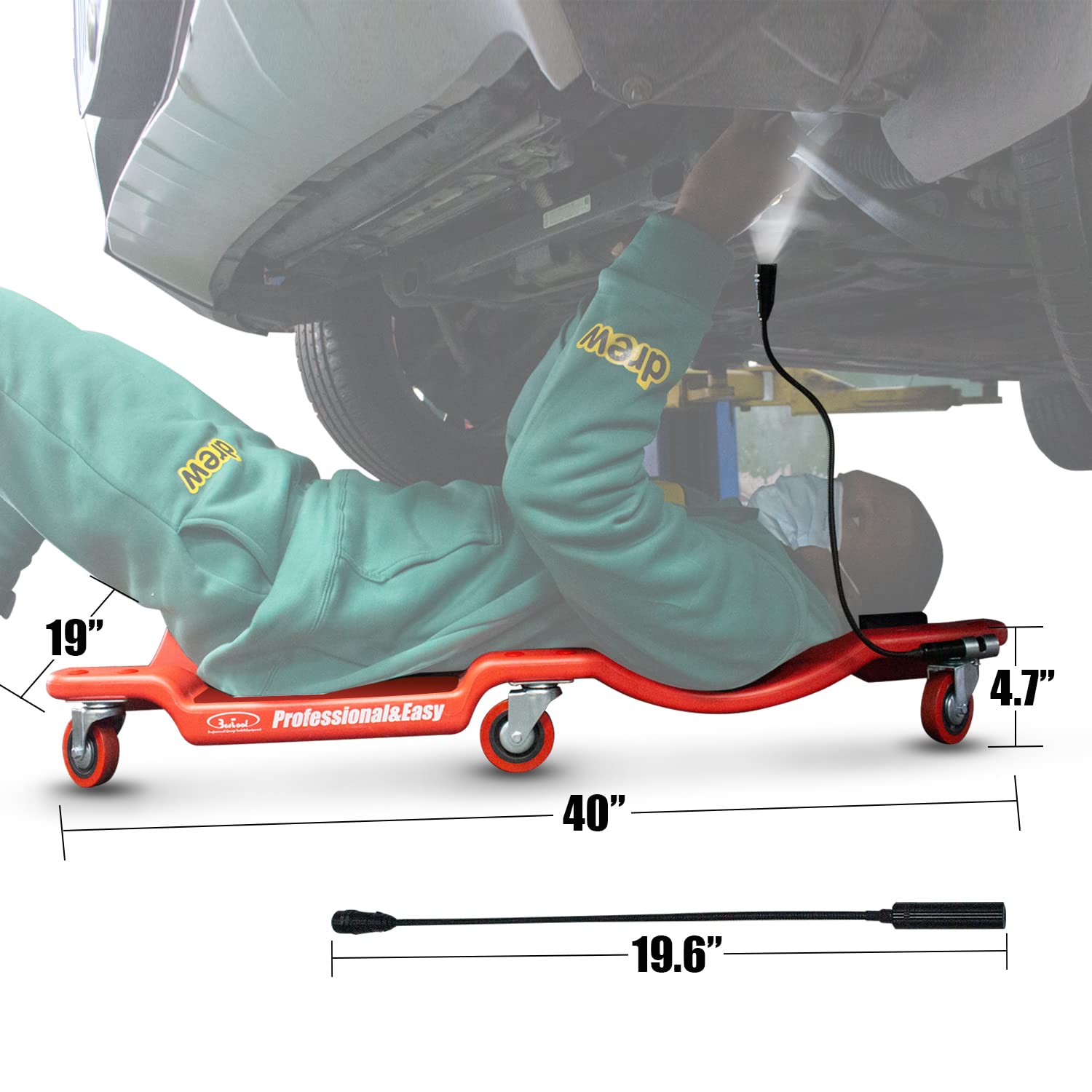 BESTOOL 40'' Heavy-Duty Mechanic Creeper with Durable Casters - Low-Profile Design & LED Work Lights for Auto Repair, Garage Maintenance & DIY Car Projects