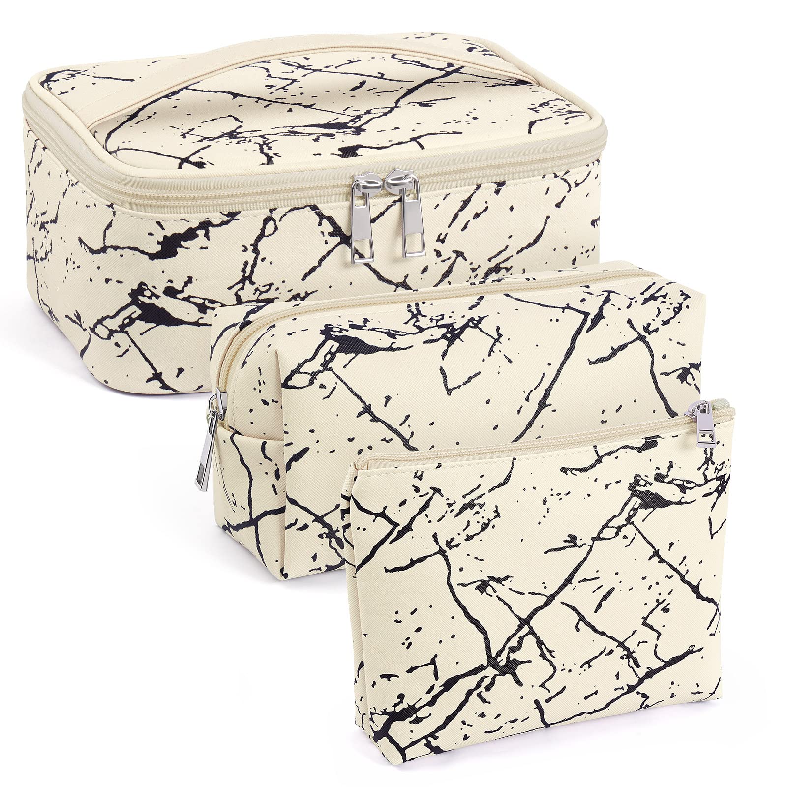 3-Piece Marble Makeup Bag Set for Women - Waterproof Travel Cosmetic Organizer with Zipper, Portable Multifunctional Storage Pouch (Beige) | Perfect for Travel, Gym, Daily Use & Gift Giving