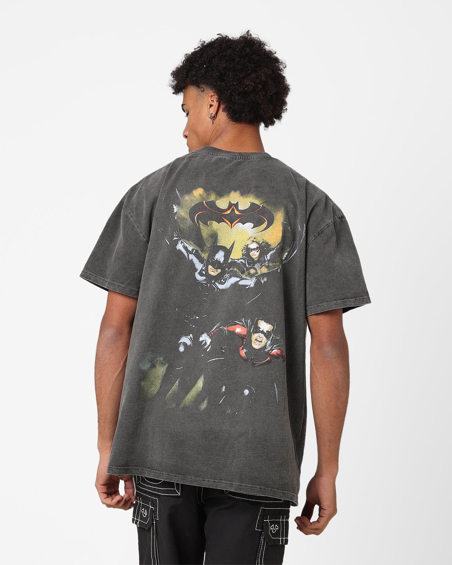 Vintage 1997 Batman & Robin Heavyweight T-Shirt - DC Comics Graphic Tee - Black Wash Distressed Style - Perfect for Cosplay, Comic Con & 90s Retro Fashion