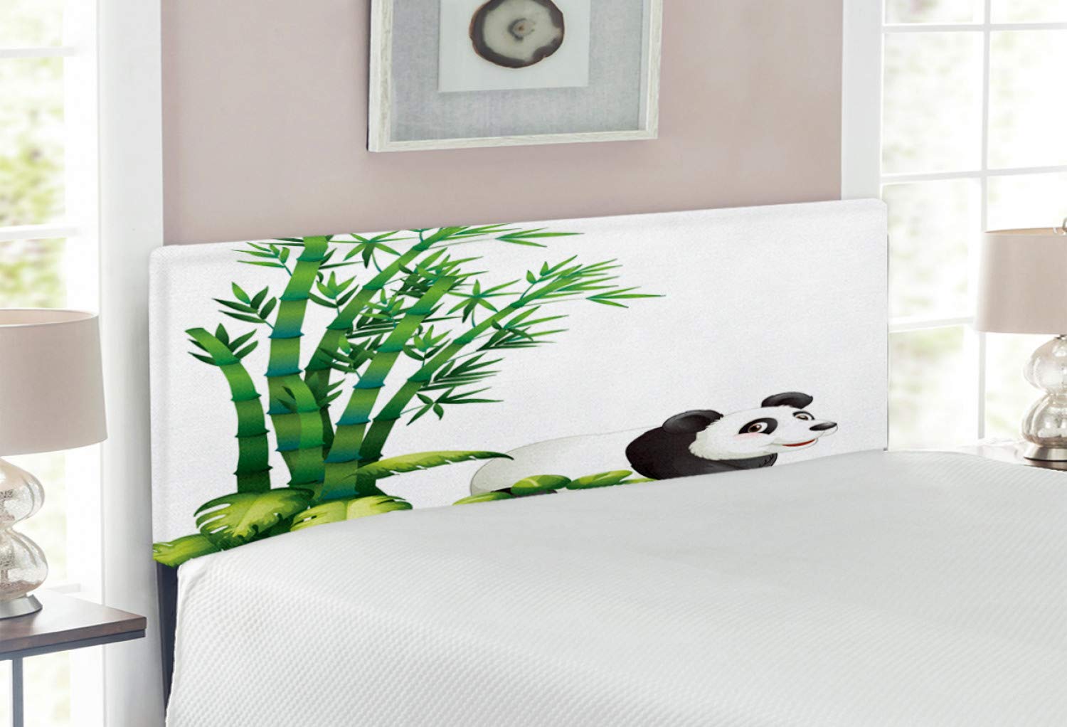Ambesonne Panda Headboard - Full Size Upholstered Decorative Metal Bed Headboard with Memory Foam, Happy Animal Tropical Bamboo Trees Endangered Mammals Art in Green Black White - Perfect for Kids' Bedroom, Nursery or Jungle-Themed Home Decor