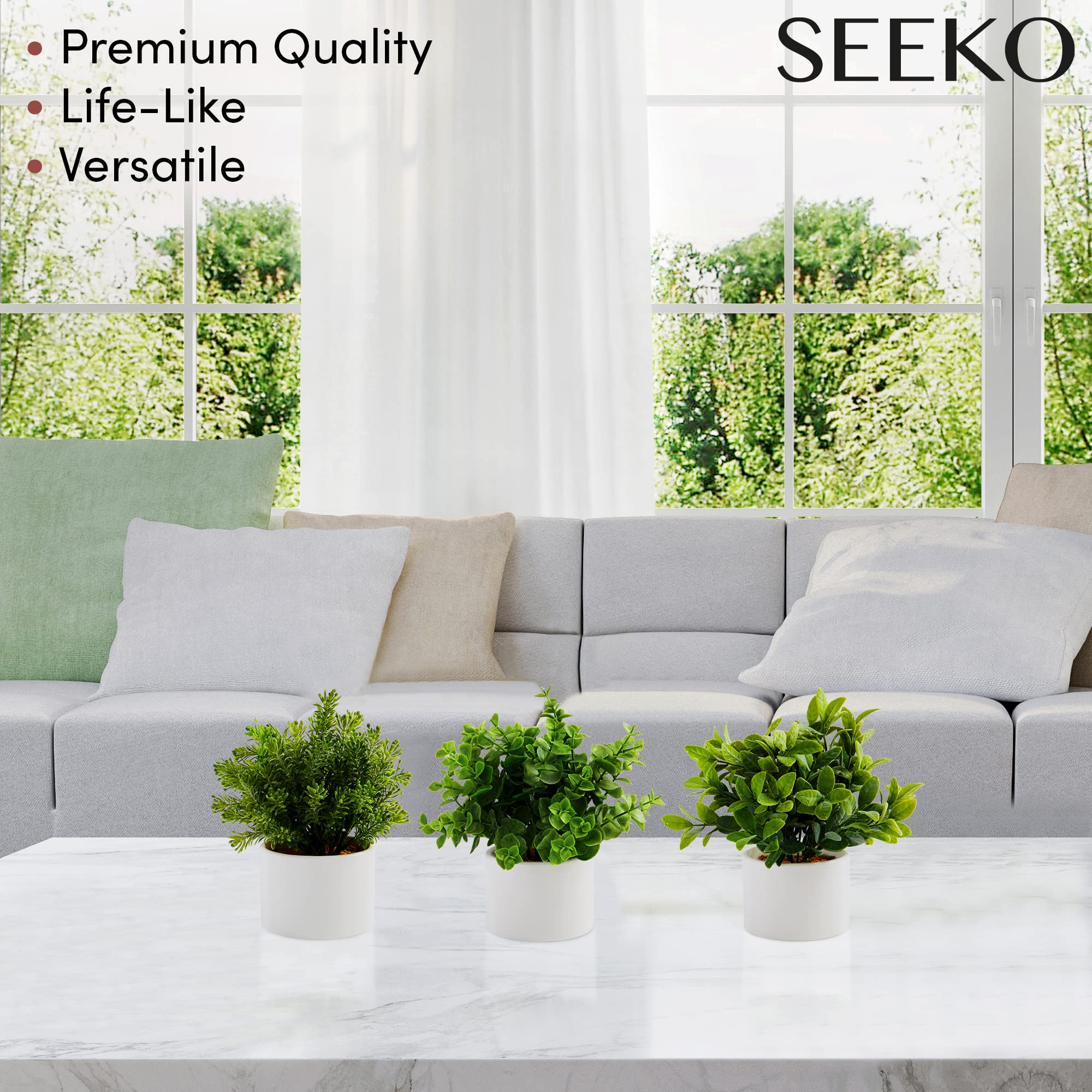 SEEKO 3 Pack Artificial Succulent Plants - Small Fake Eucalyptus Potted Greenery for Home, Office, Desk, Dorm & Laundry Room Decor - Perfect for Table Centerpieces, Shelf Displays & Bathroom Styling