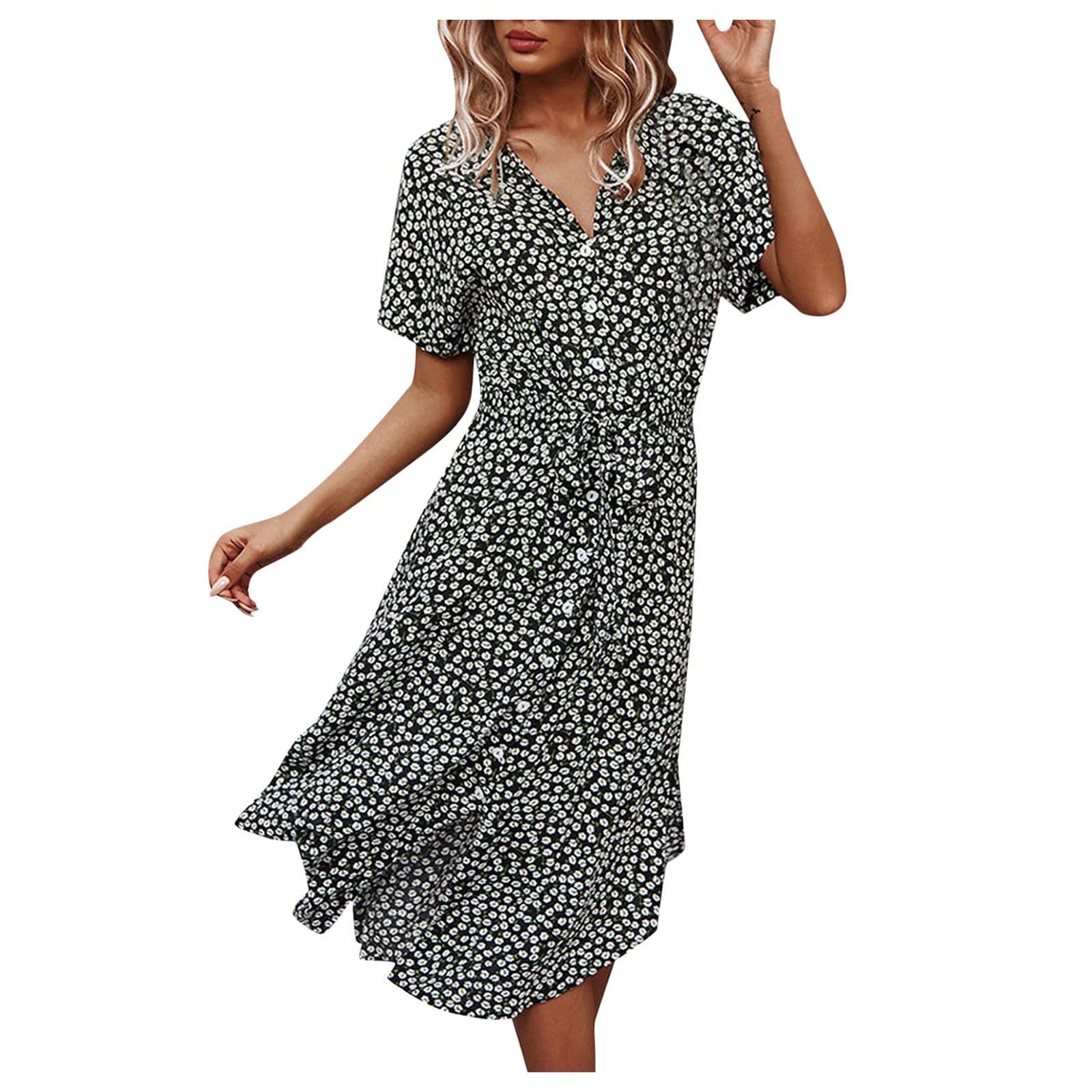 Women's Summer Maxi Dress - Boho Floral Print Short Sleeve Button Down Casual Dress with Lace Up Detail | Perfect for Beach Vacations, Music Festivals & Summer Outings