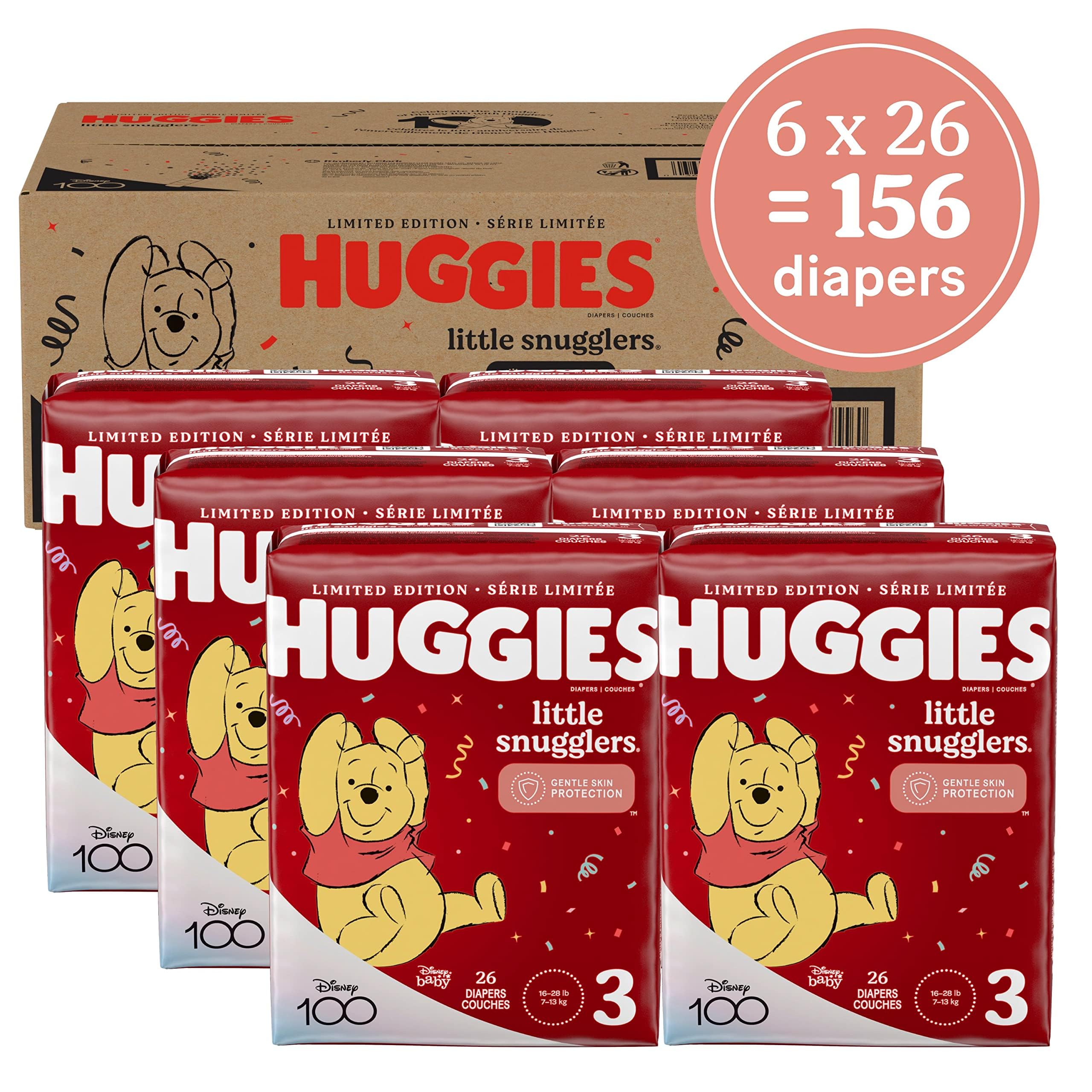 Huggies Little Snugglers Disposable Baby Diapers - Size 3 (156 Count) & Size 4 (140 Count) - Ultra Soft, Leak Protection - 1 Month Supply - Perfect for Daycare, Overnight Use & Travel