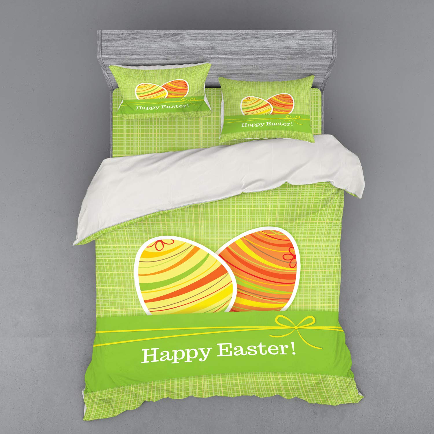 Ambesonne Easter Bedding Set 4-Piece - Colorful Striped Eggs on Green Checkered Squares Duvet Cover with Shams & Fitted Sheet, Queen Size Multicolor - Perfect for Spring Decor & Holiday Home Styling