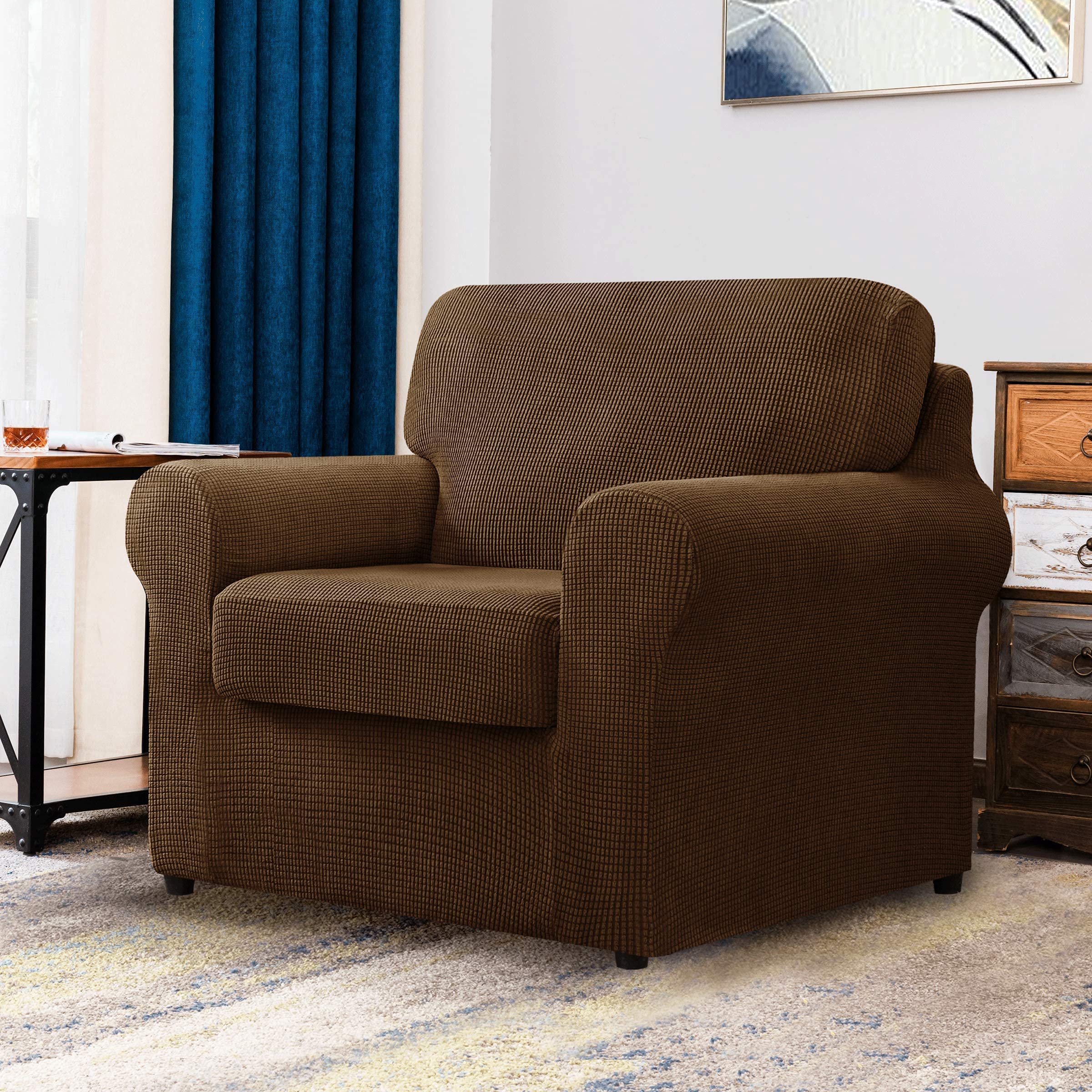 CHUN YI 2-Piece Armchair Sofa Slipcover Set - Stretchable Jacquard Fabric with Separate Backrest & Cushion Covers (Coffee Check Pattern) - Perfect for Living Room Furniture Protection & Style Upgrade