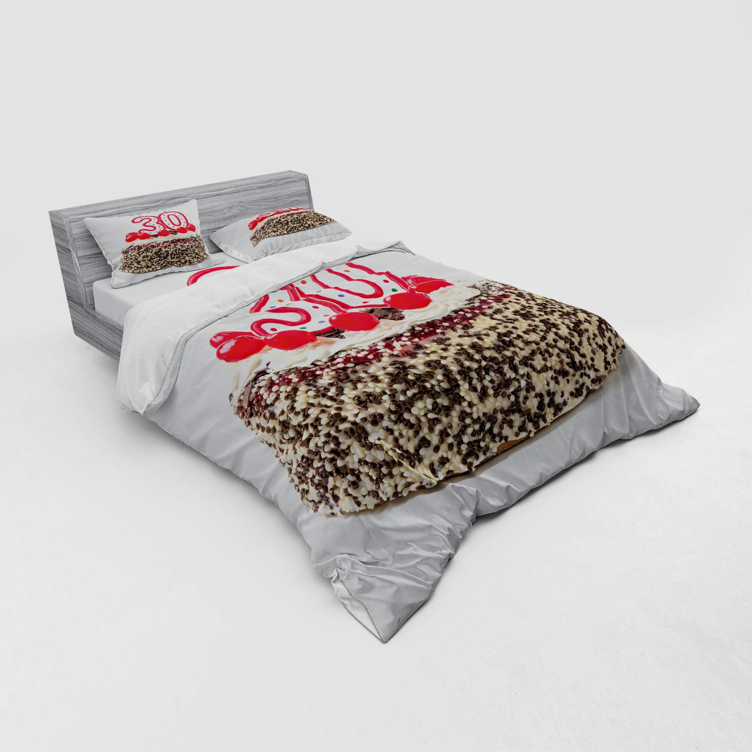 Ambesonne 30th Birthday Bedding Set - Queen Size 4-Piece Duvet Cover with Shams & Fitted Sheet - Vibrant Birthday Cake with Cherries & Candles Print - Perfect for Adult Birthday Parties & Surprise Decorations