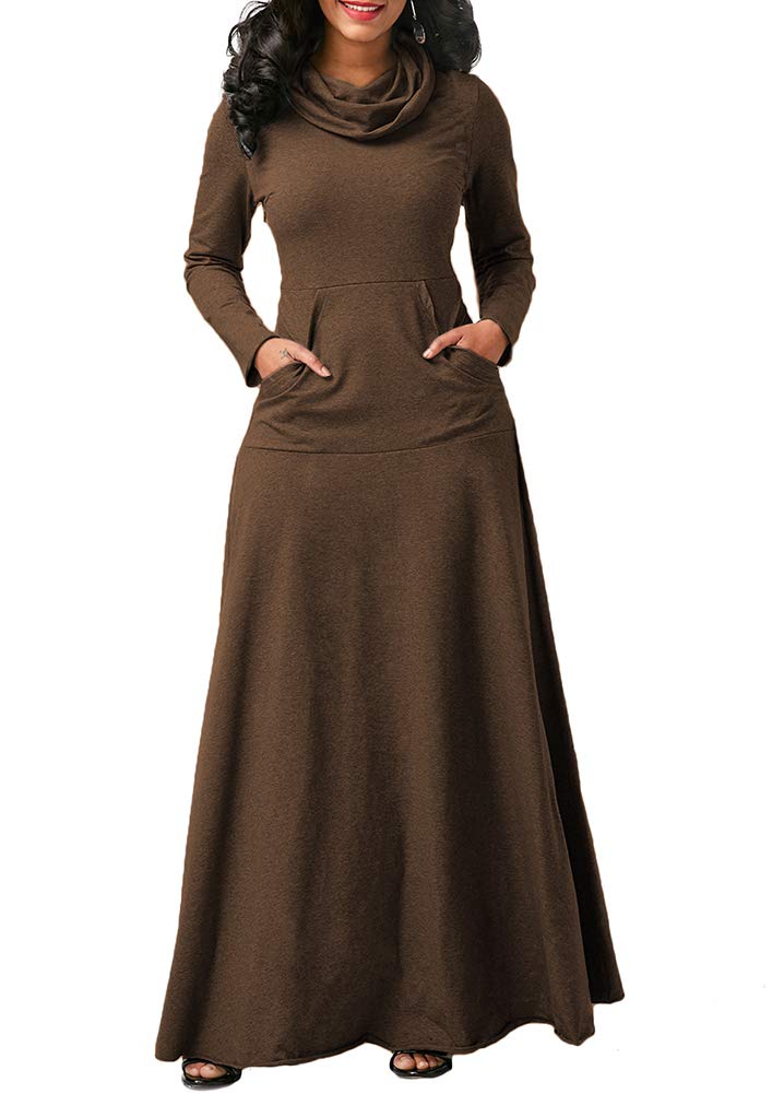 Women's Cowl Neck Long Sleeve Maxi Dress with Pockets - Loose Fit Plain Long Dress for Casual Wear, Beach, Party & Travel (Sizes S-XXL)