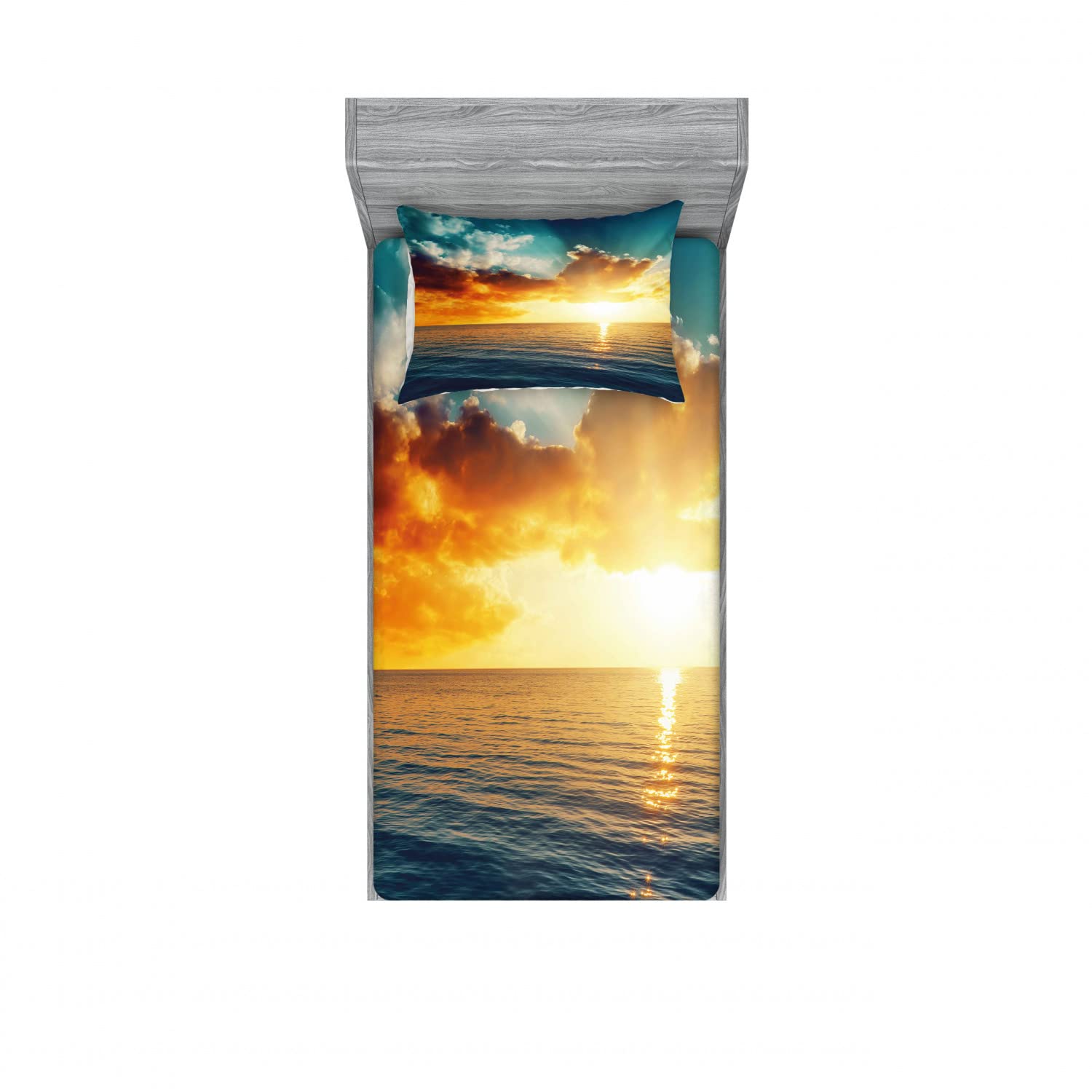 Ambesonne Sunset 2-Pack Twin XL Fitted Sheet & Pillow Sham Set - Horizon Panorama Design, Yellow & Blue 4-Piece Bedding Decor | Perfect for Dorms, Guest Rooms & Coastal Themed Bedrooms