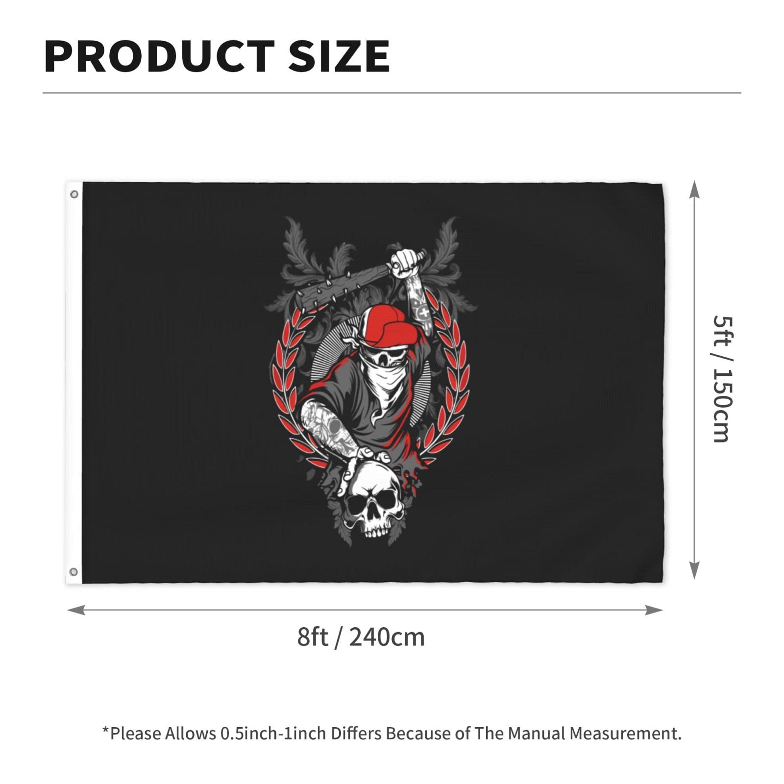 POOEDSO Bandit Skull Flag - 5x8 Ft Double Sided Outdoor Polyester Flag with Funky Hat & Skeleton Hand Holding Crossed Baseball Bats - Lightweight Funny Yard Decoration for Halloween, Man Cave, Tailgating Parties & Home Decor
