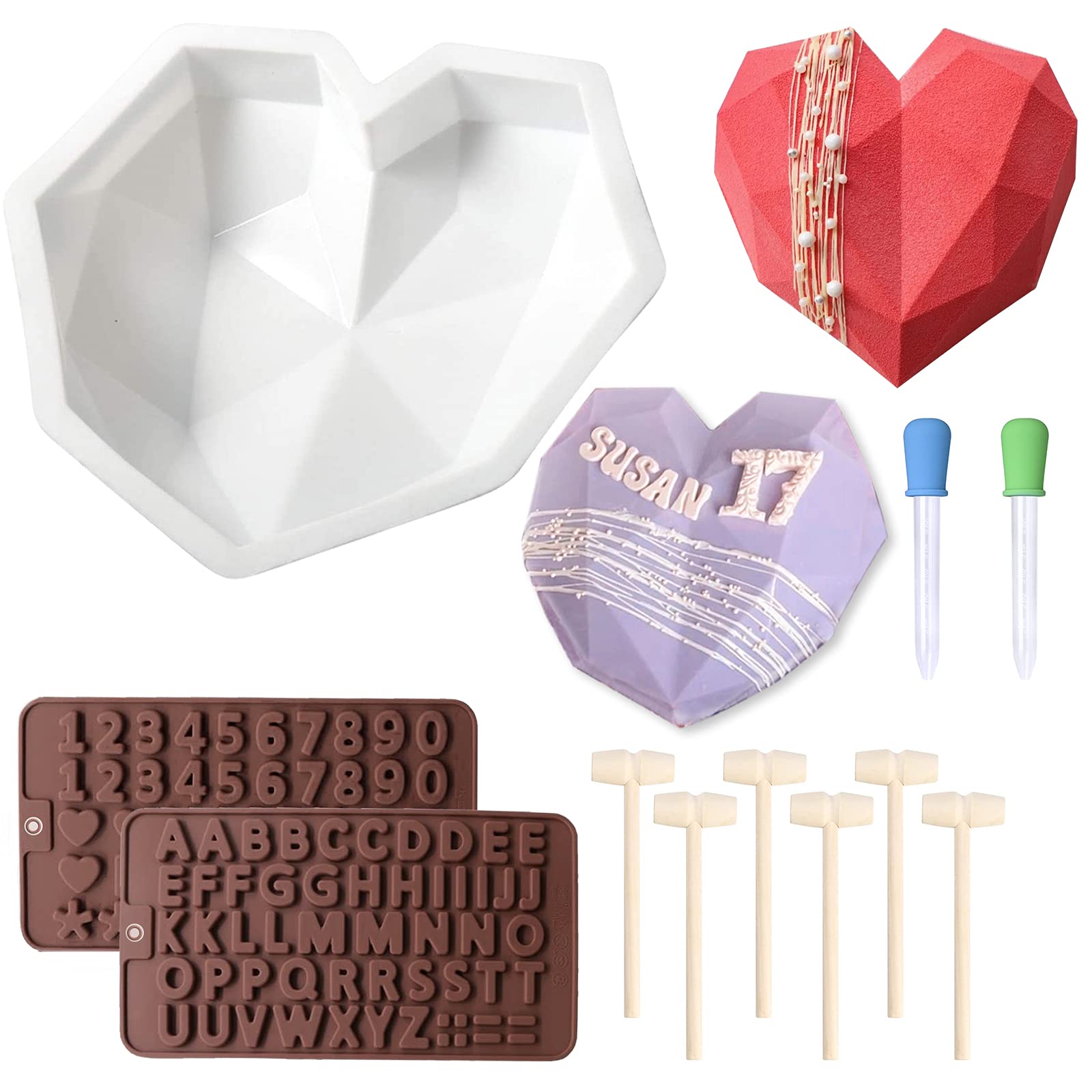 Premium Chocolate Mold Set - Heart, Number & Letter Molds with Hammer for Cake Decorating, Candy Making - Valentine's Day, Birthday Party & Holiday Baking Supplies