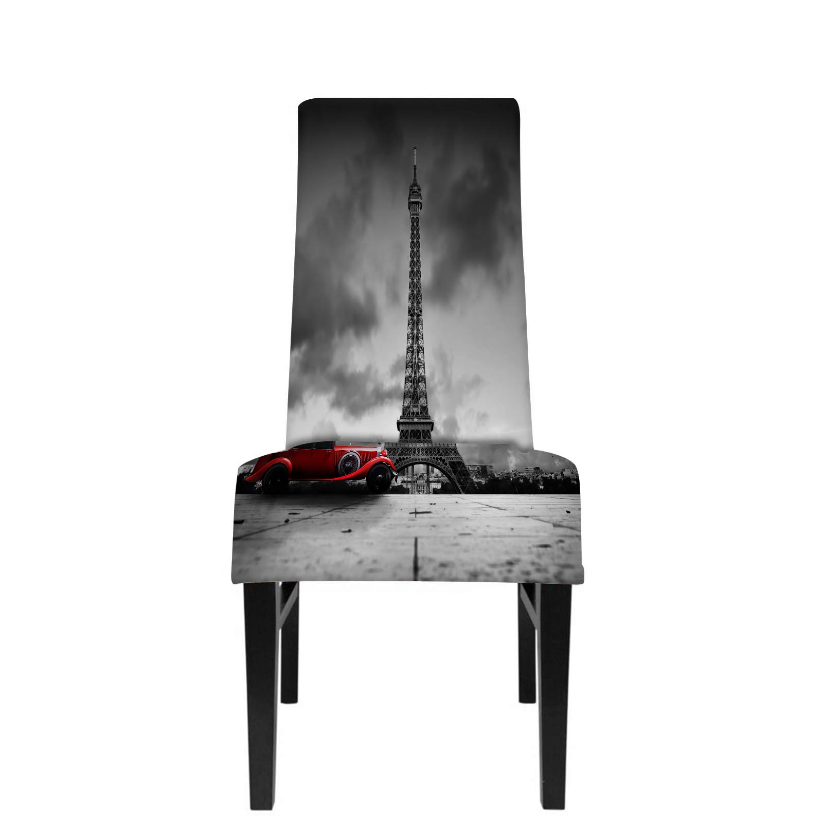 Swono Paris Chair Covers - Vintage Eiffel Tower & Red Retro Car Design - Soft Comfortable Dining Room Seat Protectors for Home Decor | Perfect for French-Themed Parties & Restaurant Events