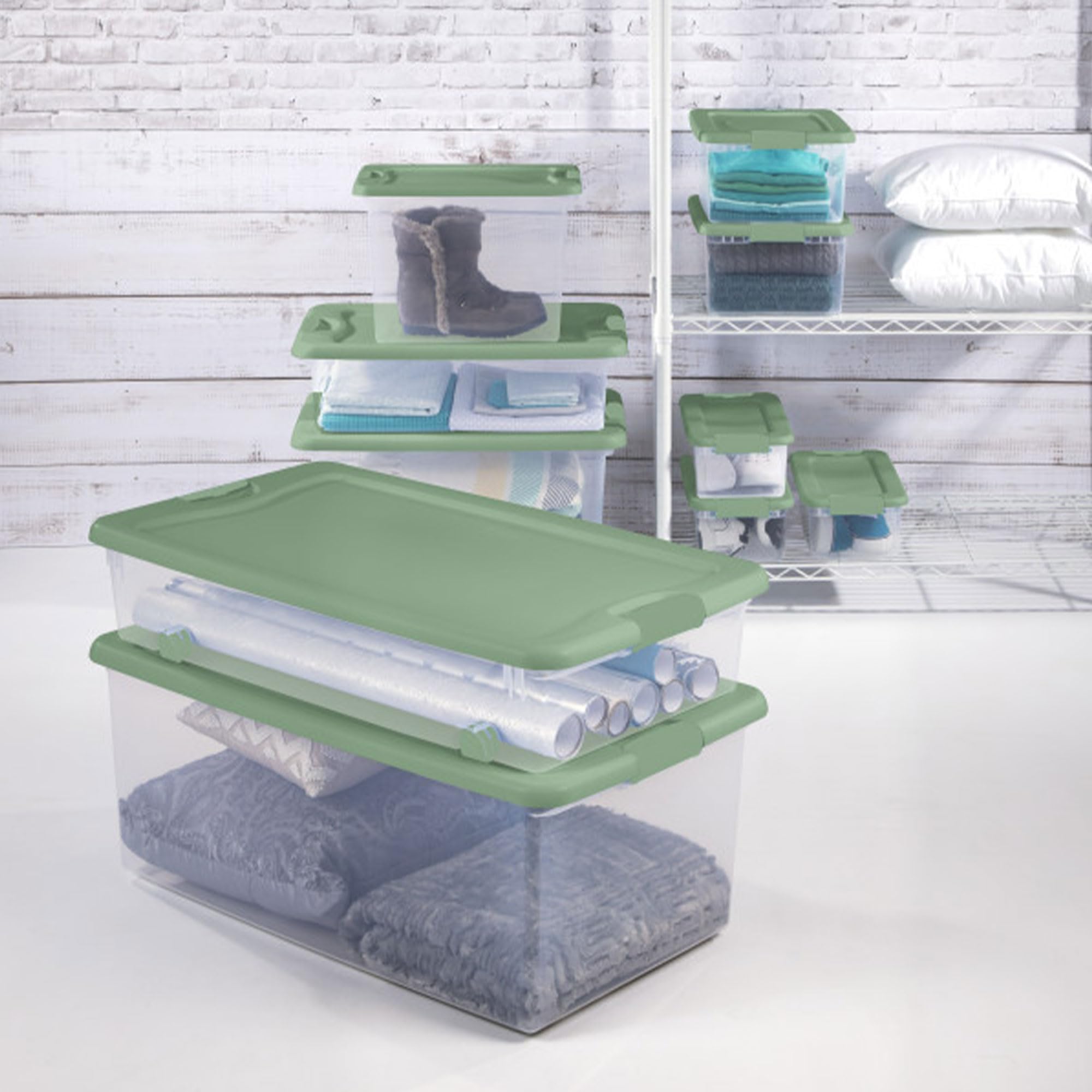 Sterilite 18-Pack 64 Qt Clear Plastic Storage Bins - Stackable Closet Organizers with Latching Lids for Home, Office & Garage Organization (Green)
