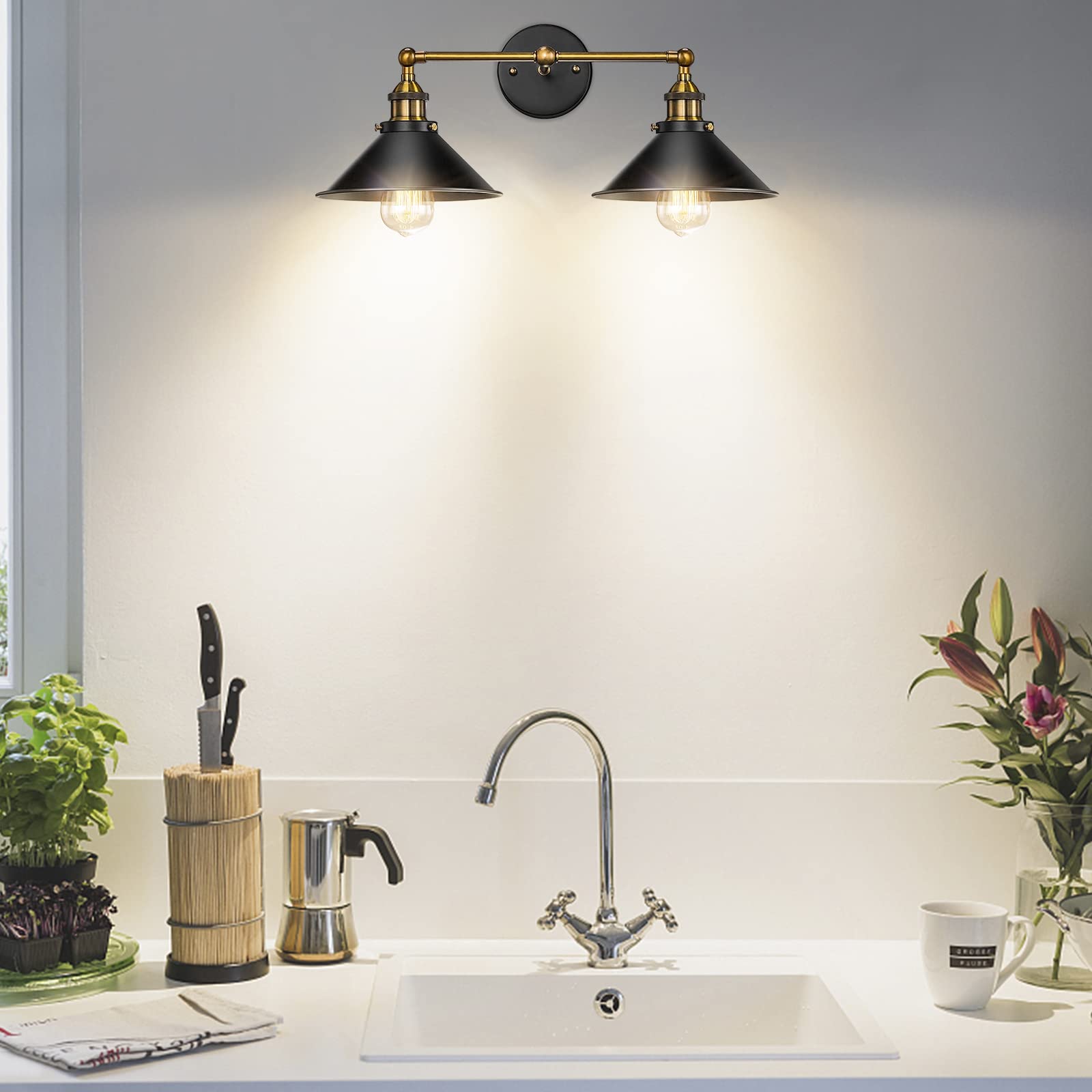 2-Light Black Farmhouse Bathroom Vanity Light Fixture - Industrial Wall Sconce with Gold Accents for Mirror Lighting | Perfect for Bathroom, Kitchen Cabinet & Dressing Room Décor