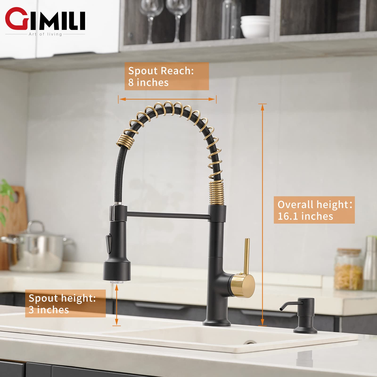 GIMILI Black and Gold Kitchen Faucet with Pull Down Sprayer - LED Light Modern Sink Faucet for Home, Restaurant & Commercial Use