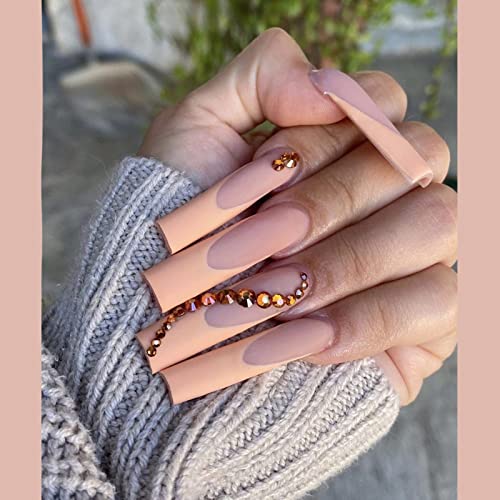 YOSOMK 3D Rhinestone French Tip Press On Nails - Elegant Orange Nude Fake Nails with Glue | Acrylic Coffin Artificial Nails for Women | Perfect for Parties, Weddings & Special Occasions