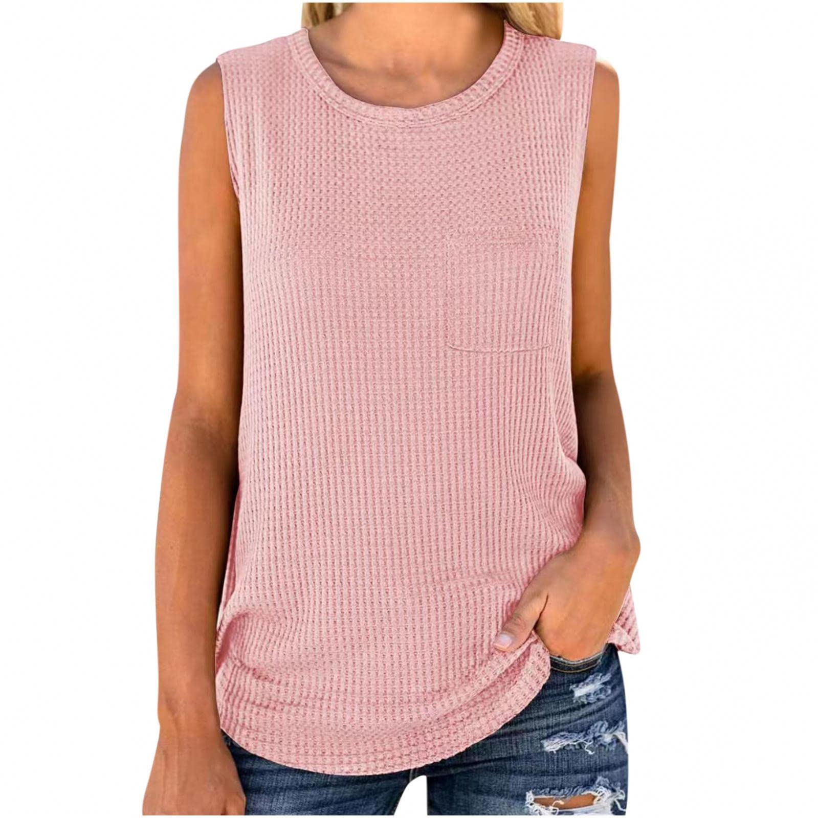 YZHM Women's Summer Waffle Tank Top - Sleeveless Casual Solid Comfortable Soft T-Shirt with Pockets | Crewneck Tunic Blouse for Beach, Travel & Everyday Wear