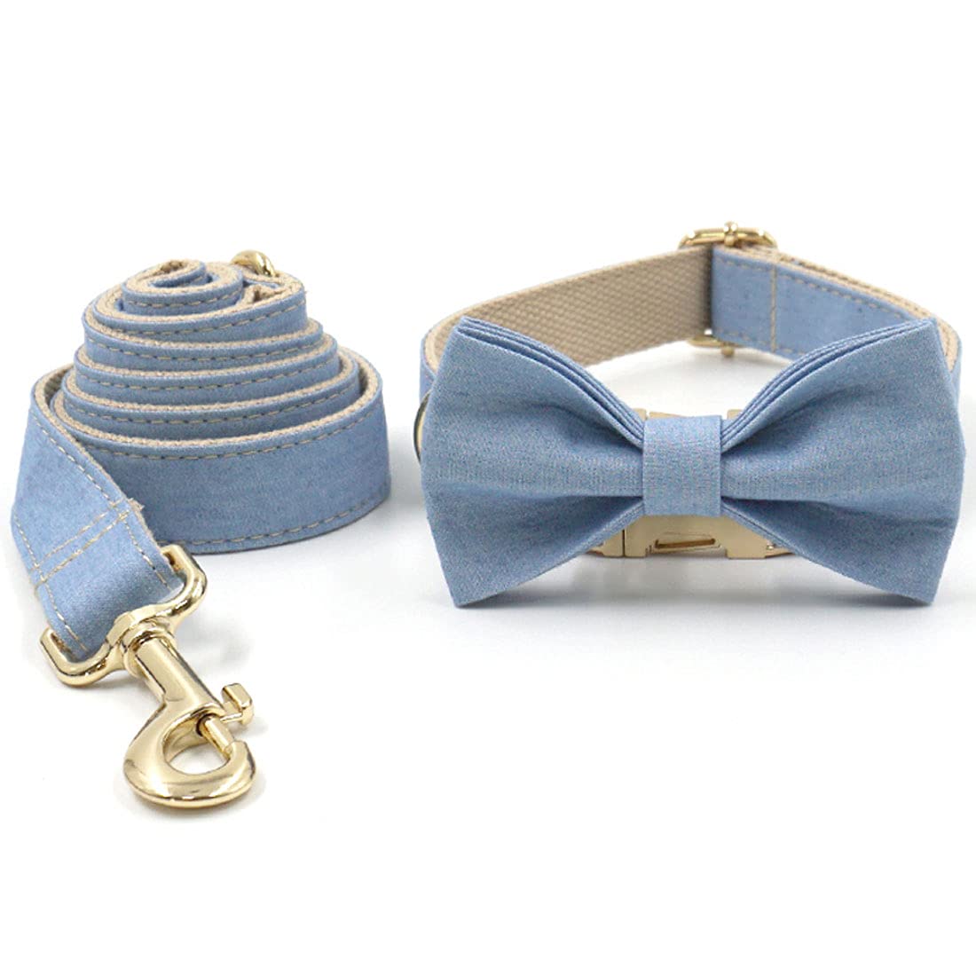 Personalized Denim Dog Collar with Engraved Name & Phone - Gold Metal Buckle Light Blue Jean Pet Collar for Large & Medium Dogs - Wedding, Birthday, Photo Shoots (Includes Bow Tie, Size L)
