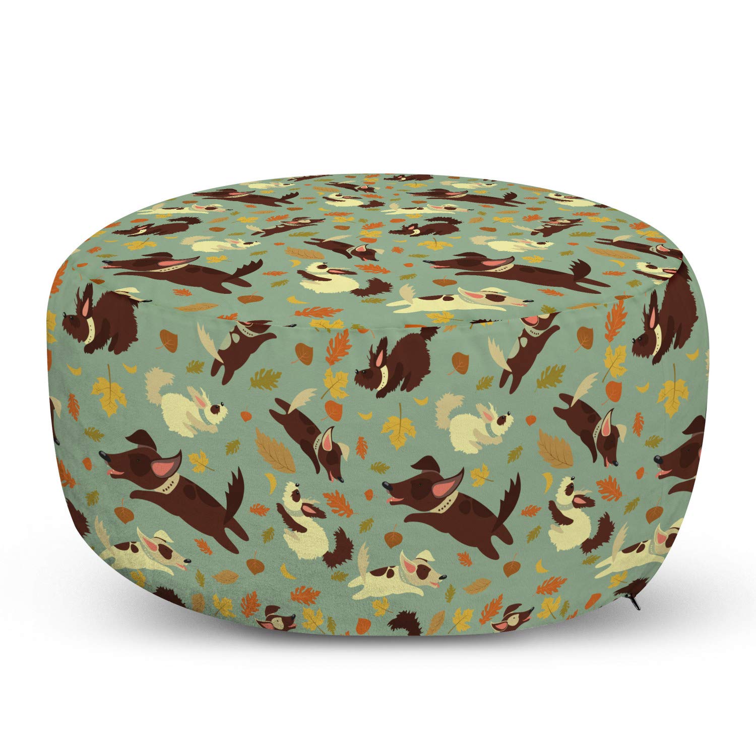Ambesonne Autumn Ottoman Pouf - Cartoon Puppy Play Pattern Foot Rest with Removable Cover - Soft Decorative Pouf for Living Room & Bedroom - Almond Green & Multicolor - Perfect for Home Decor, Relaxing & Extra Seating