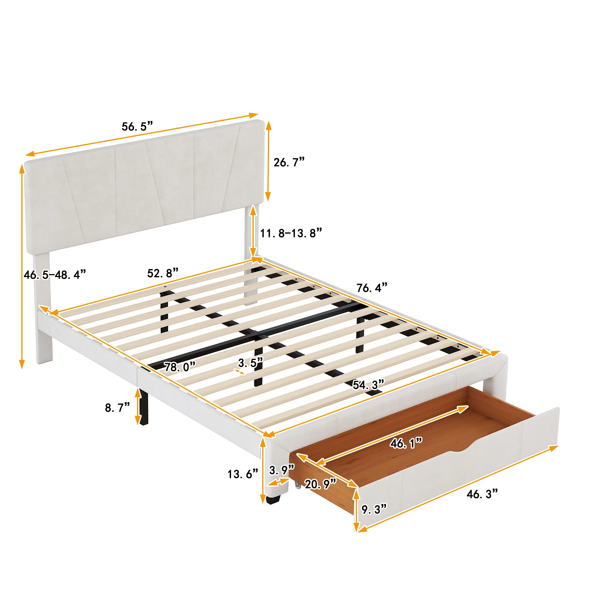 SOFTSEA Full Size Upholstered Bed Frame with Storage Drawer, Velvet Platform Bed with Adjustable Headboard - Modern Bedroom Furniture for Small Spaces & Guest Rooms
