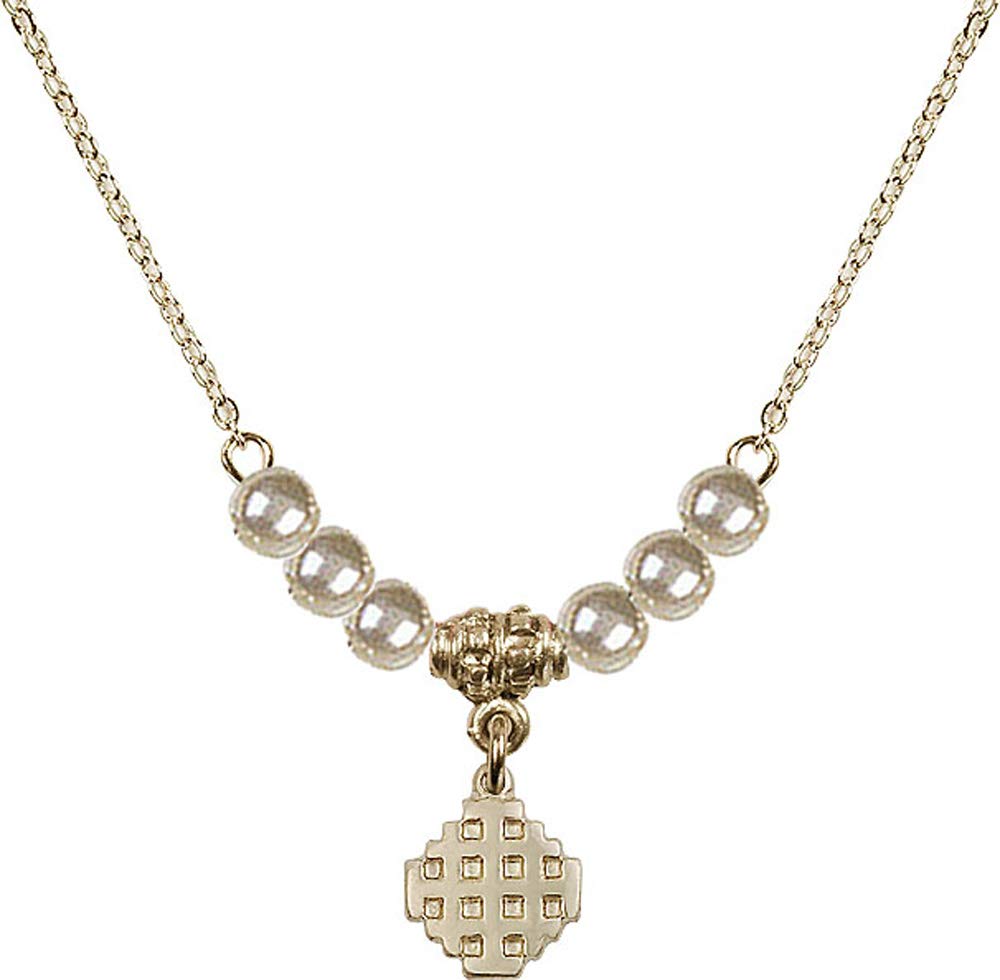 18-Inch Gold Plated Hamilton Necklace with 4mm Faux-Pearl Beads & Jerusalem Cross Charm – Perfect for Women's Fashion, Gift Giving & Special Occasions