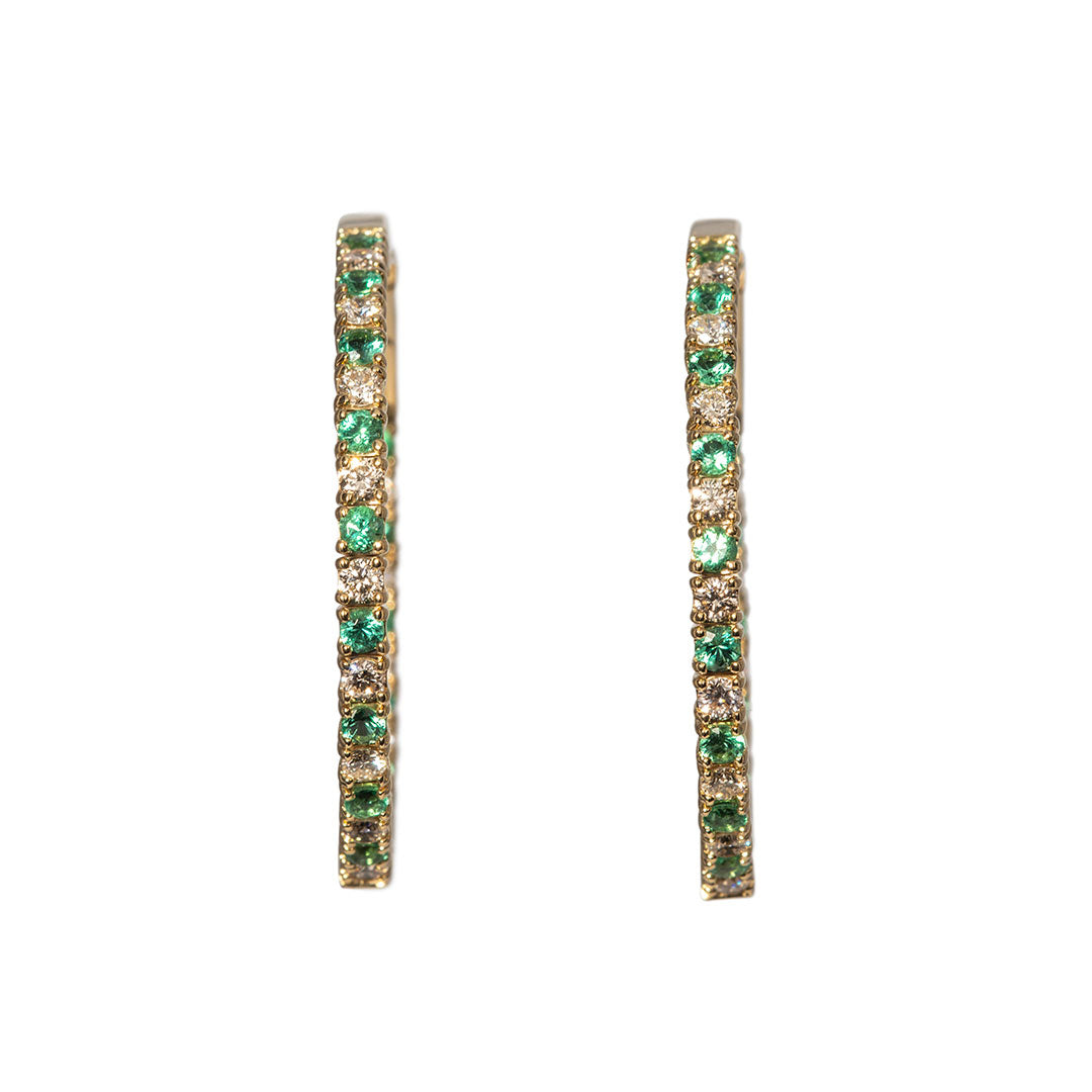 14K Yellow Gold Emerald & Diamond Inside Out Flexible Hoop Earrings for Women - Perfect for Weddings, Parties & Special Occasions