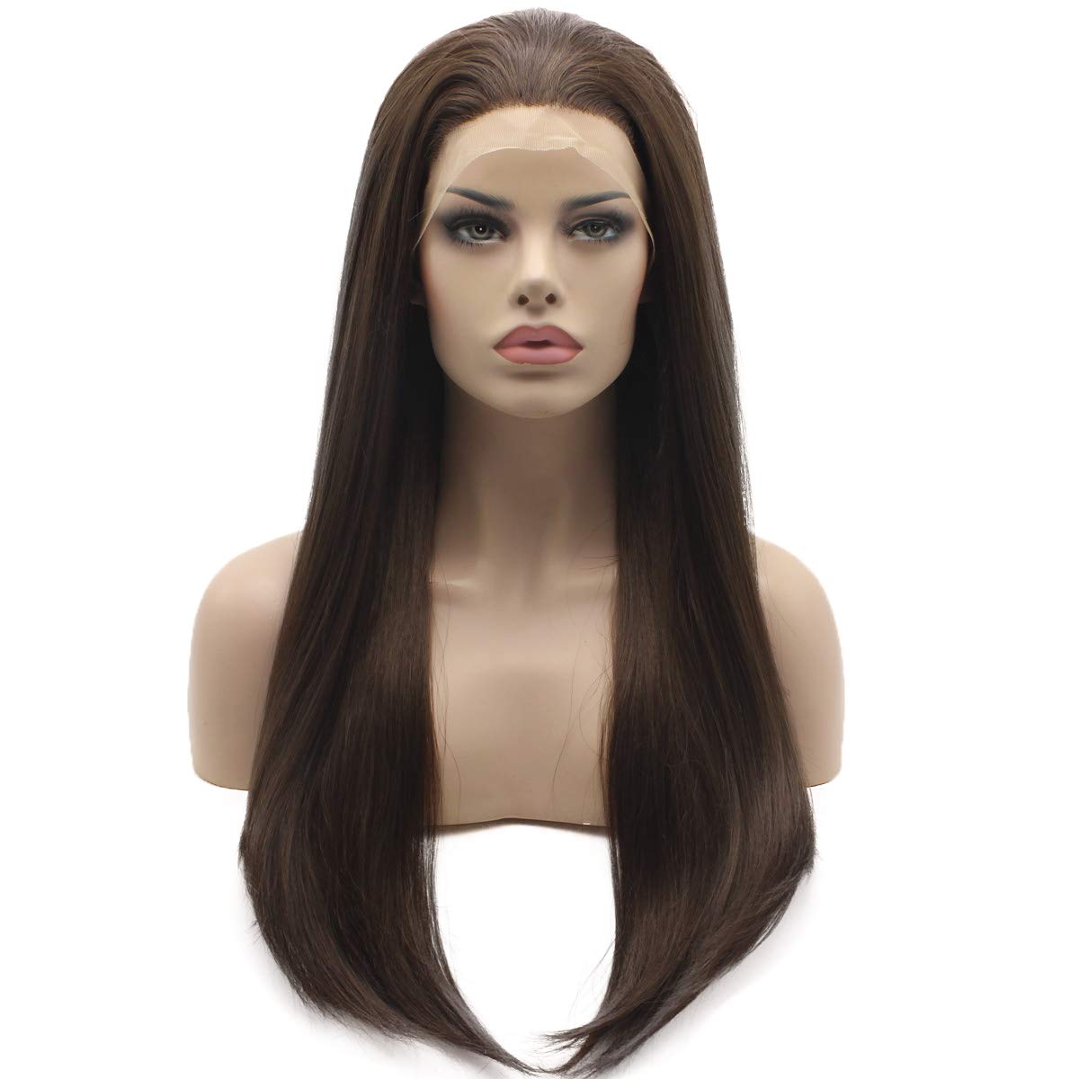 24 Inch Heat Resistant Synthetic Lace Front Wig - Straight Long Brown Mix Heavy Density Hair for Everyday Wear & Cosplay