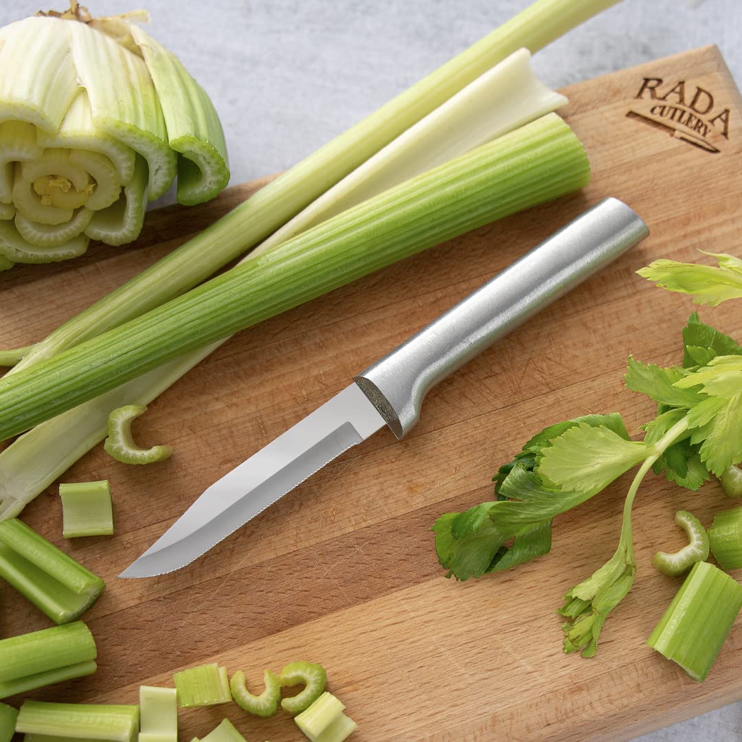 Rada Cutlery Serrated Regular Paring Knife - 2 Pack Stainless Steel Kitchen Knives with Silver Handle for Peeling, Slicing Fruits & Vegetables | Perfect for Home Cooking, Camping & Food Prep