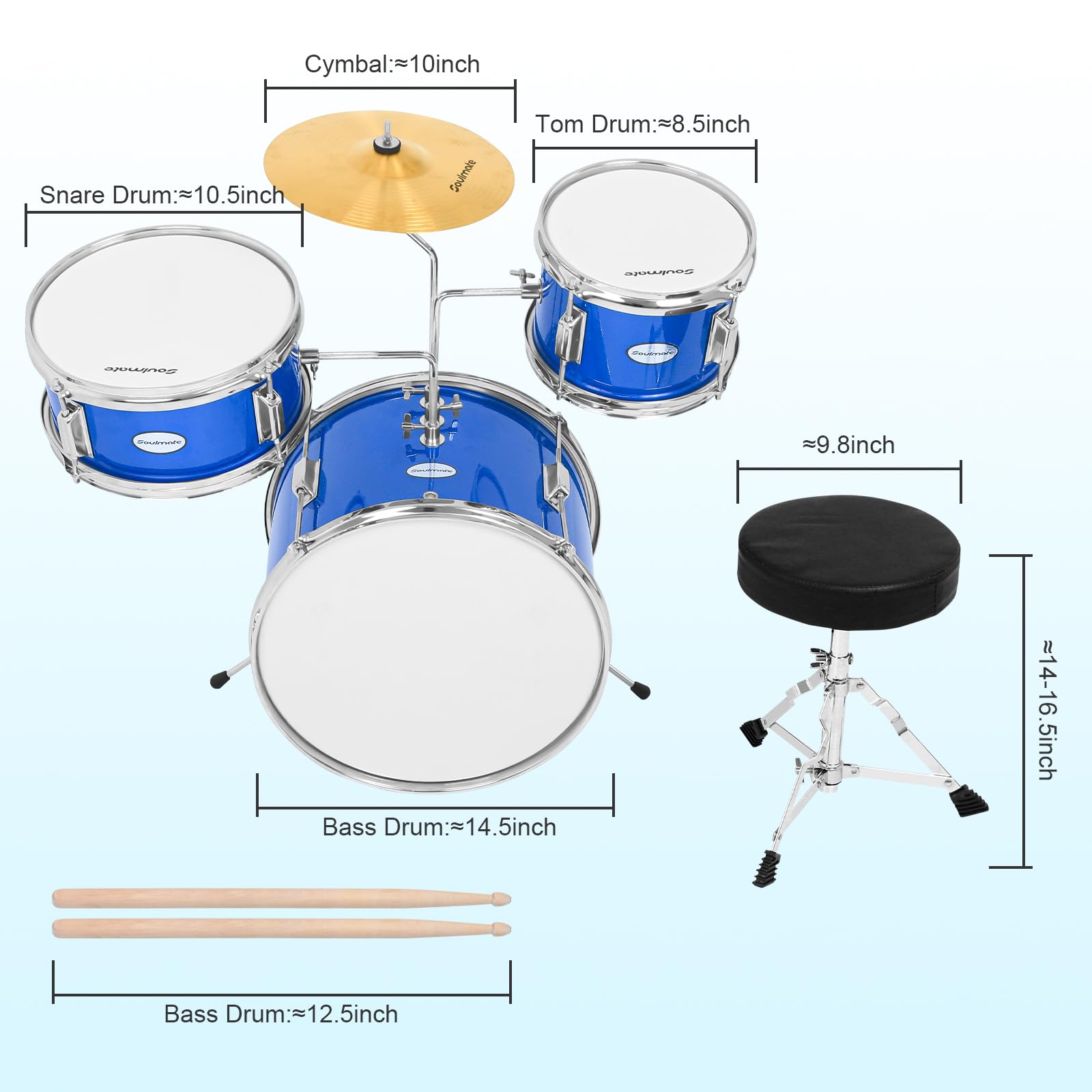 Soulmate Kids Drum Set 3-Piece 14 Inch Beginner Drum Kit with Adjustable Throne, Cymbal, Pedal, 8