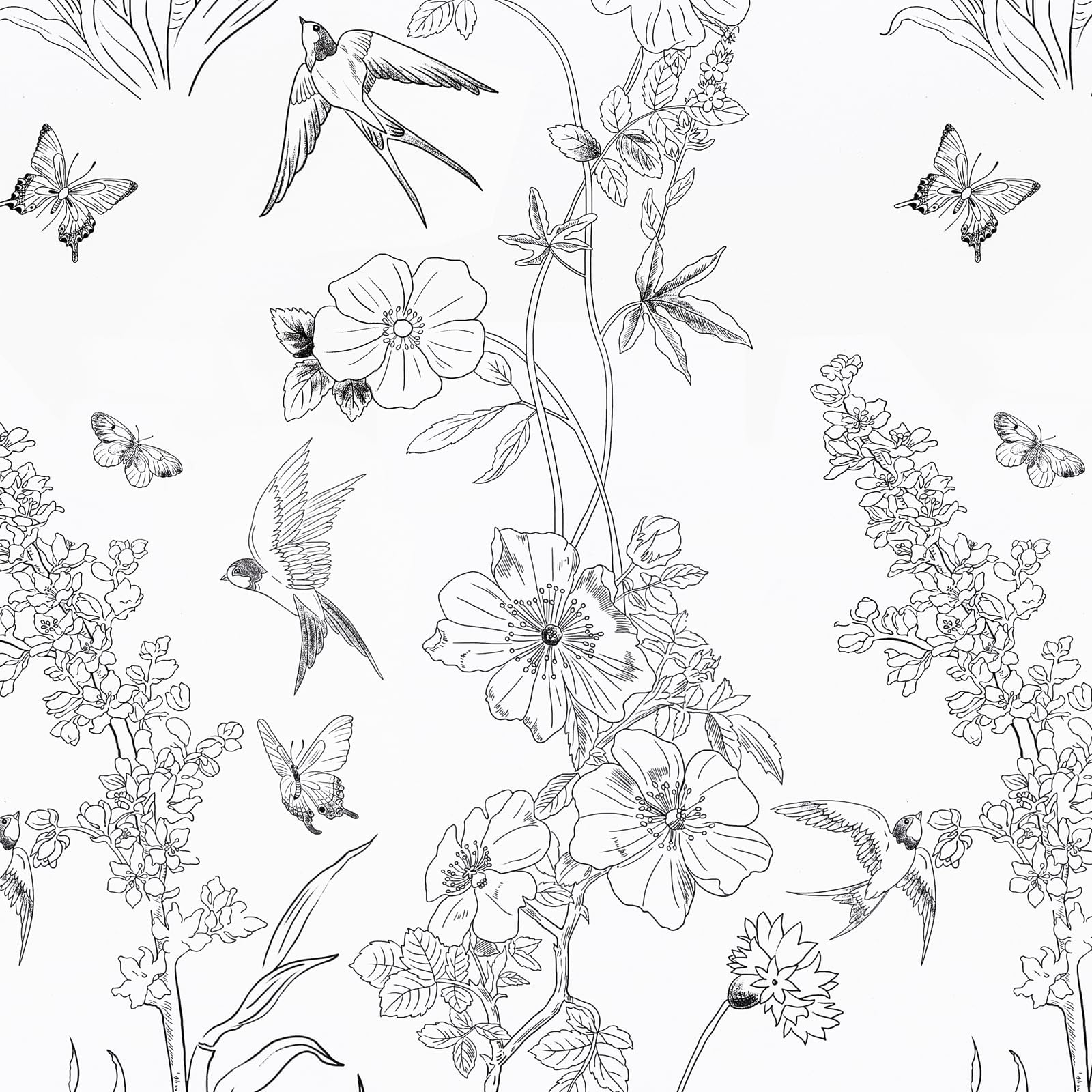 Modern Black and White Floral Peel and Stick Wallpaper - Removable Self-Adhesive Vinyl Contact Paper 17.3” x 120” - Birds Sketch Design for Bedroom, Living Room, Cabinets & Shelf Liner - Easy Home Decor Upgrade for Walls & Furniture