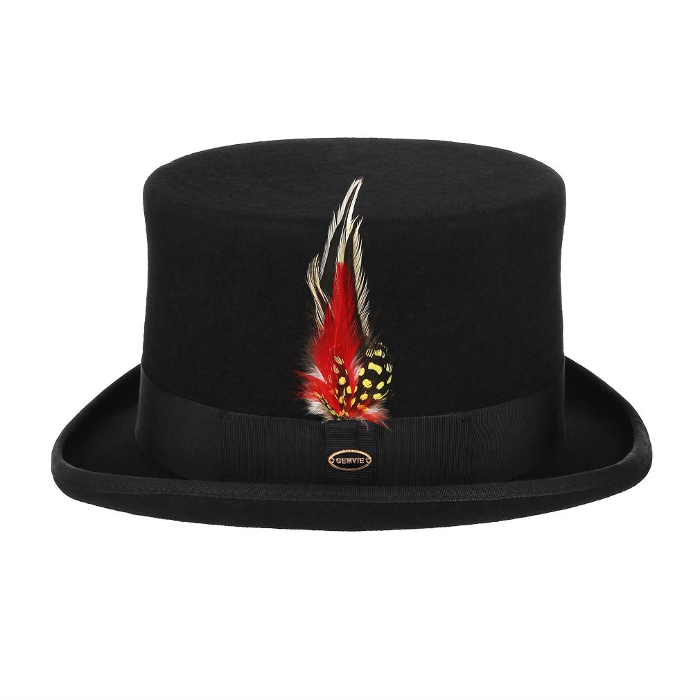 GEMVIE Men's 100% Wool Top Hat with Feather - Mad Hatter Style Satin Lined Low Top Hat for Magic Shows, Cosplay, and Victorian Costume Parties