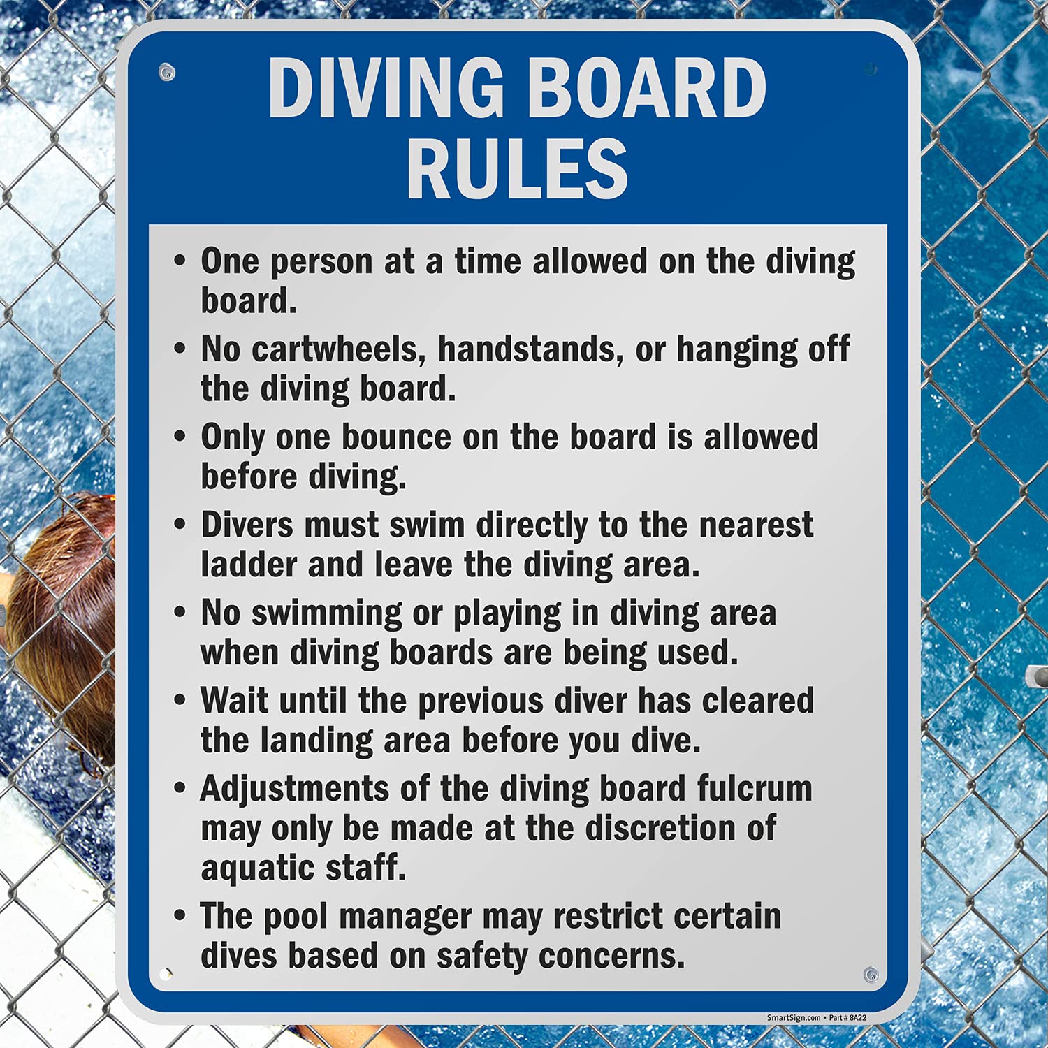 Diving Board Rules Metal Sign - 30x24 Inch, One Person at a Time, No Cartwheels Handstands or Hanging - Rustproof 80 Mil Laminated Aluminum, Blue Black & White - Made in USA - Perfect for Pools, Water Parks & Backyard Safety
