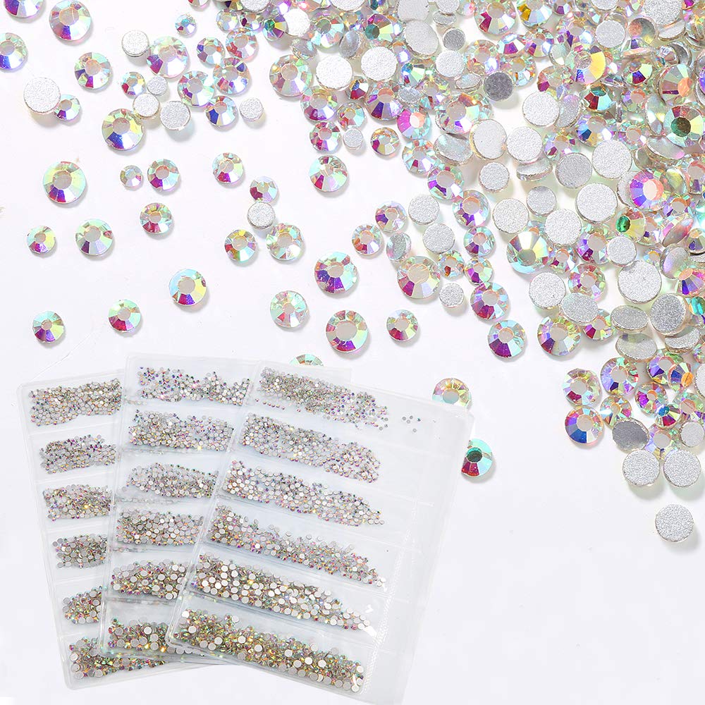 3 Packs AB Rhinestones for Nails - Flat Back Round Glass Nail Gems & Crystals in 6 Sizes - Perfect for Nail Art, Manicures, Pedicures and DIY Nail Decorations