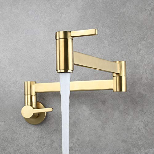 SOKNARKU Solid Brass Square Wall Mounted Folding Faucet - Double Switch Foldable Kitchen Sink Pot Filler Faucet in Brushed Gold - Perfect for Modern Kitchens, Bar Sinks & Outdoor Cooking Areas