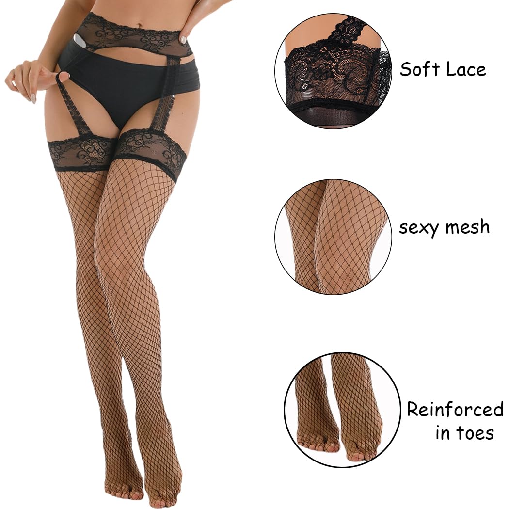 Sexy Lace Thigh High Stockings for Women - Fishnet High Waist Tights with Suspenders - Perfect for Cosplay, Date Night & Boudoir Photography