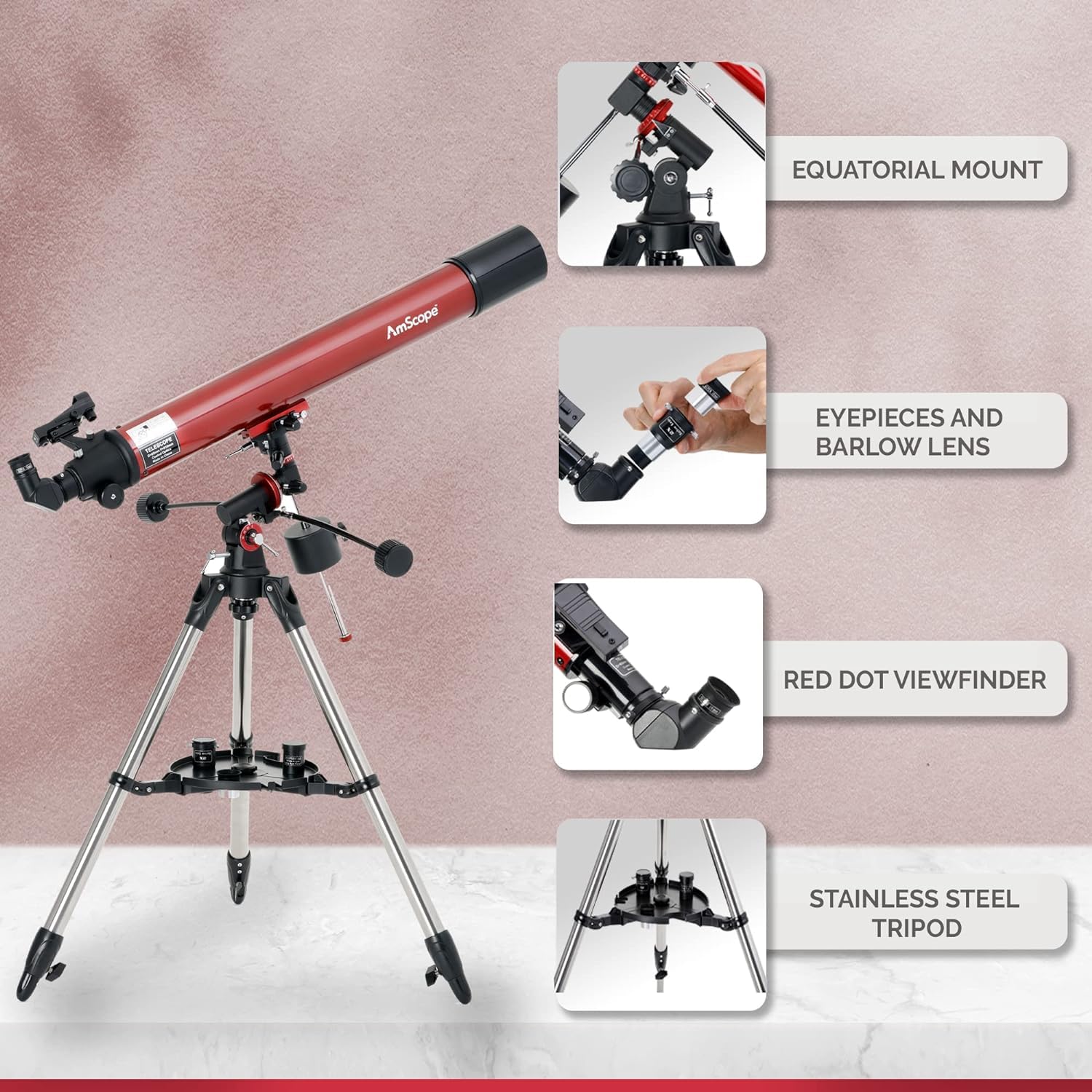 AmScope 80mm Aperture Refractor Telescope with Equatorial Mount - 900mm Focal Length Astronomy Telescope with Stainless Steel Tripod & Red Dot Finder - Perfect for Stargazing, Astrophotography and Celestial Observation