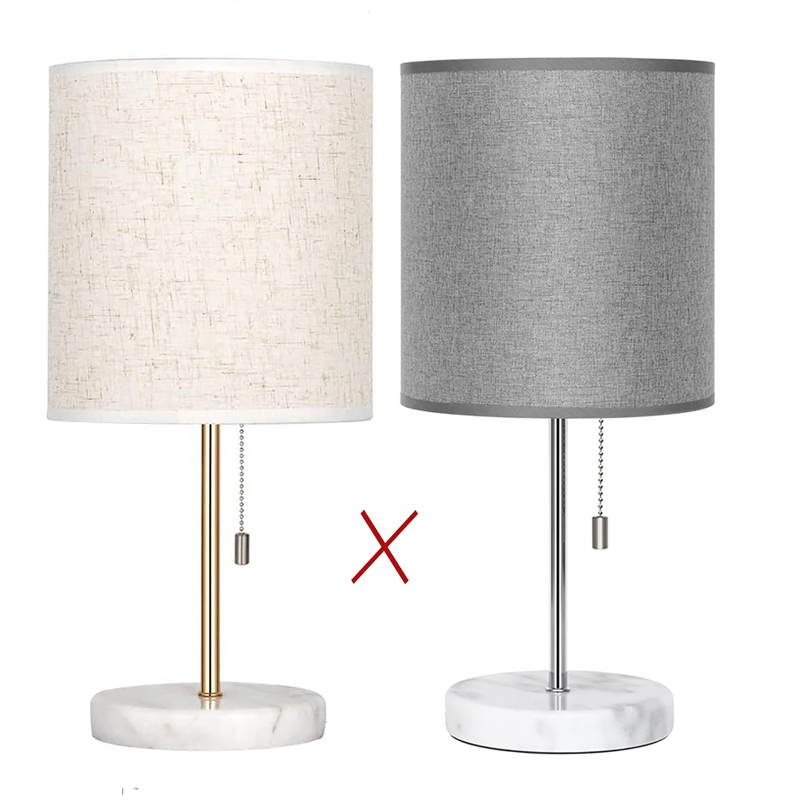 HAITRAL Modern Marble Table Lamp with Linen Grey Fabric Shade - Pull Chain Switch for Bedroom Nightstand, Living Room, Office Decor