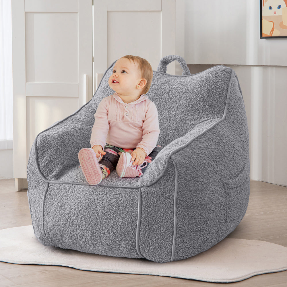 MAXYOYO Kids Sherpa Bean Bag Chair - Soft & Cozy Bean Bag Couch with Decorative Edges for Children's Room, Nursery or Playroom (Grey) - Perfect for Reading, Gaming & Relaxing