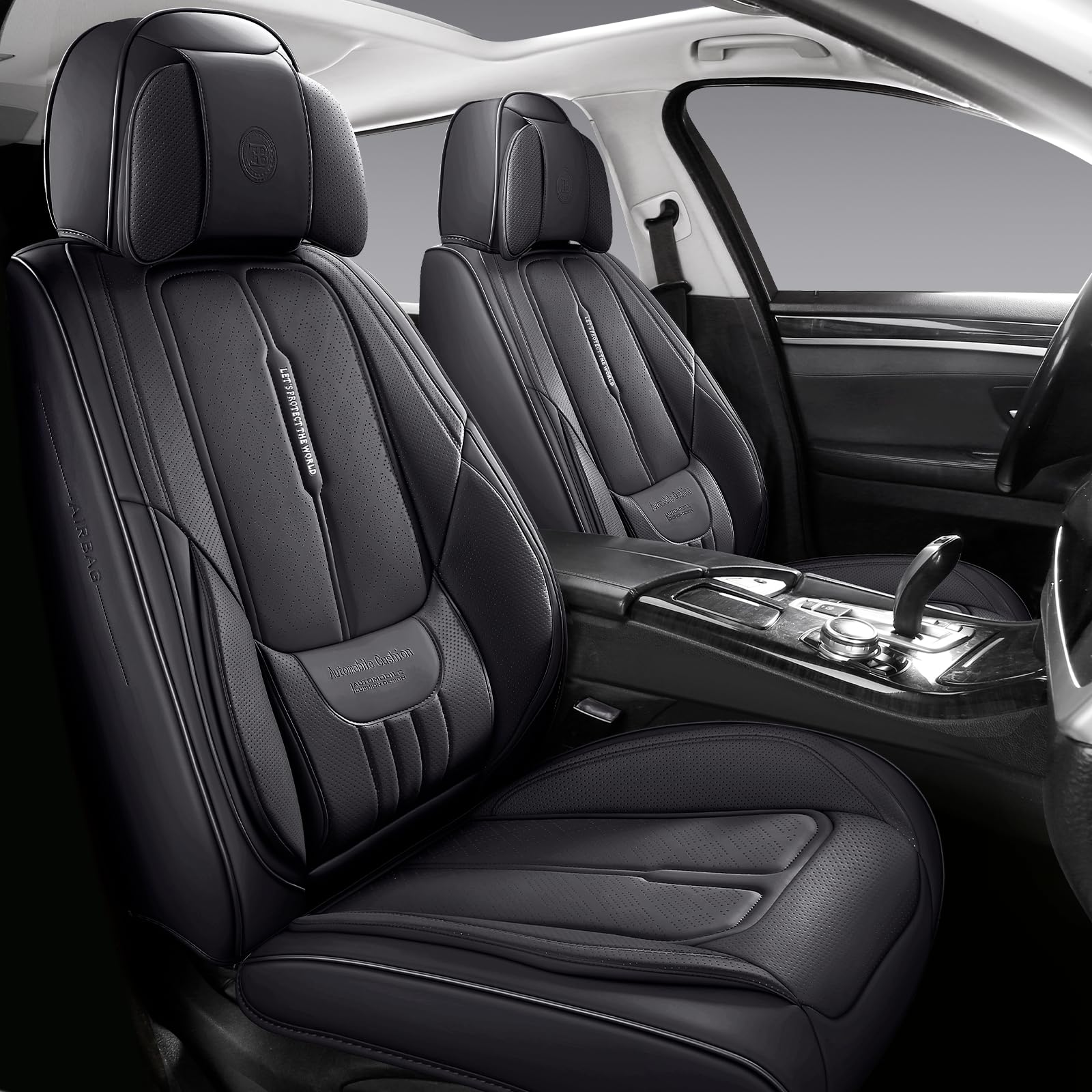 Premium Full-Grain Leather Car Seat Covers - Universal Fit for Cars, SUVs & Trucks | 2-Piece Front Seat Protectors with Cushion Support | Black Automotive Seat Covers for Comfort & Durability | Ideal for Daily Commute, Road Trips & Family Travel
