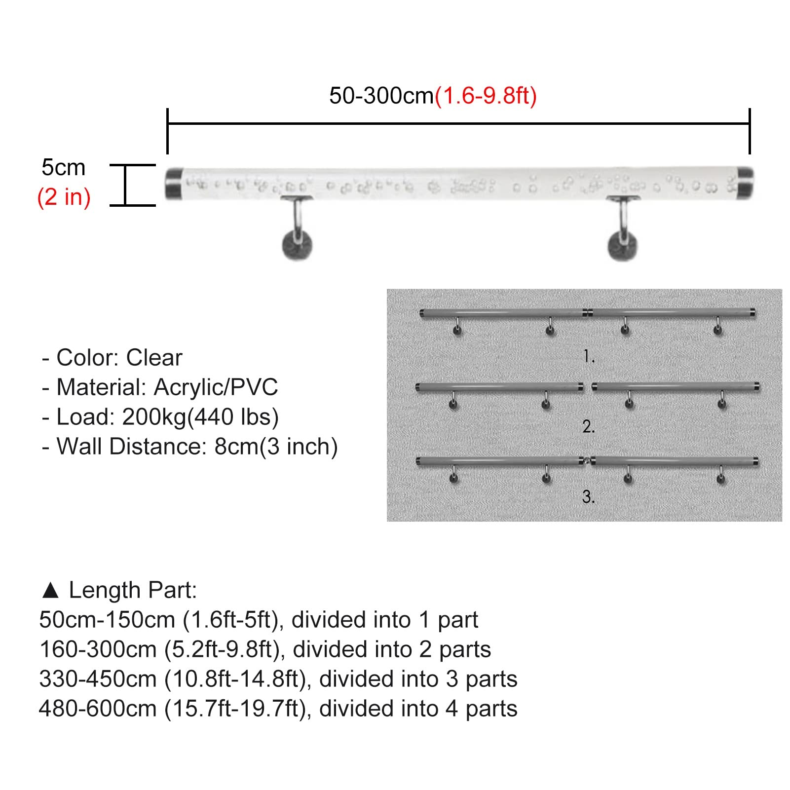 Clear Acrylic Non-Slip Stair Handrail - 150cm/4.9ft Safety Grab Bar for Elderly & Children - Complete Kit for Staircase, Hallway & Bathroom - ADA Compliant Assistive Railing for Home Safety & Mobility Support