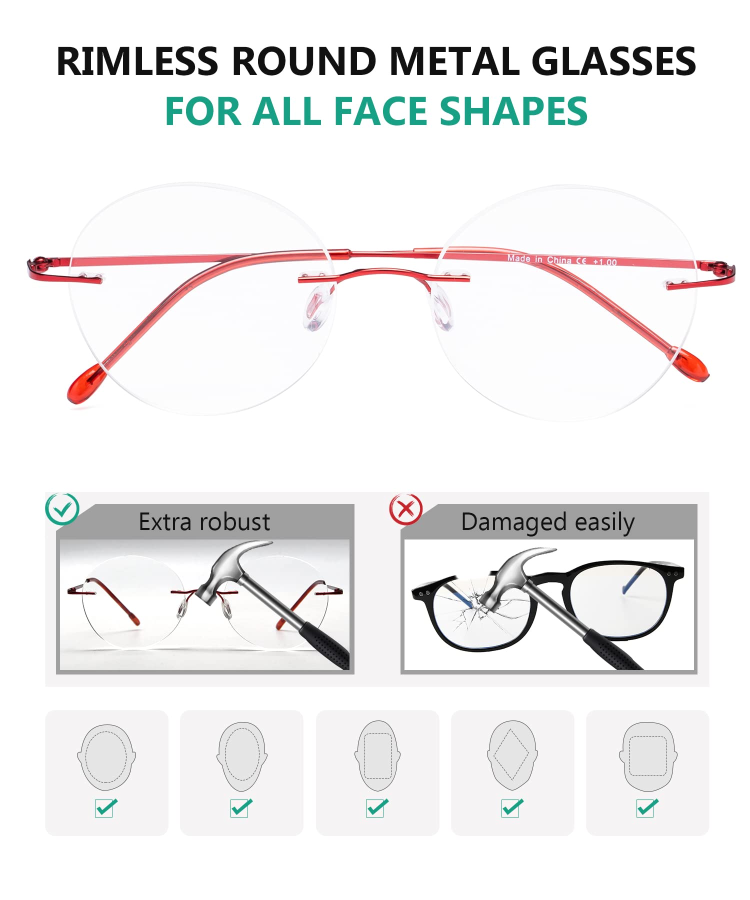 Eyekepper Frameless Reading Glasses for Women & Men - Lightweight Round Rimless Readers with Spring Hinges (Perfect for Reading, Working, and Computer Use)