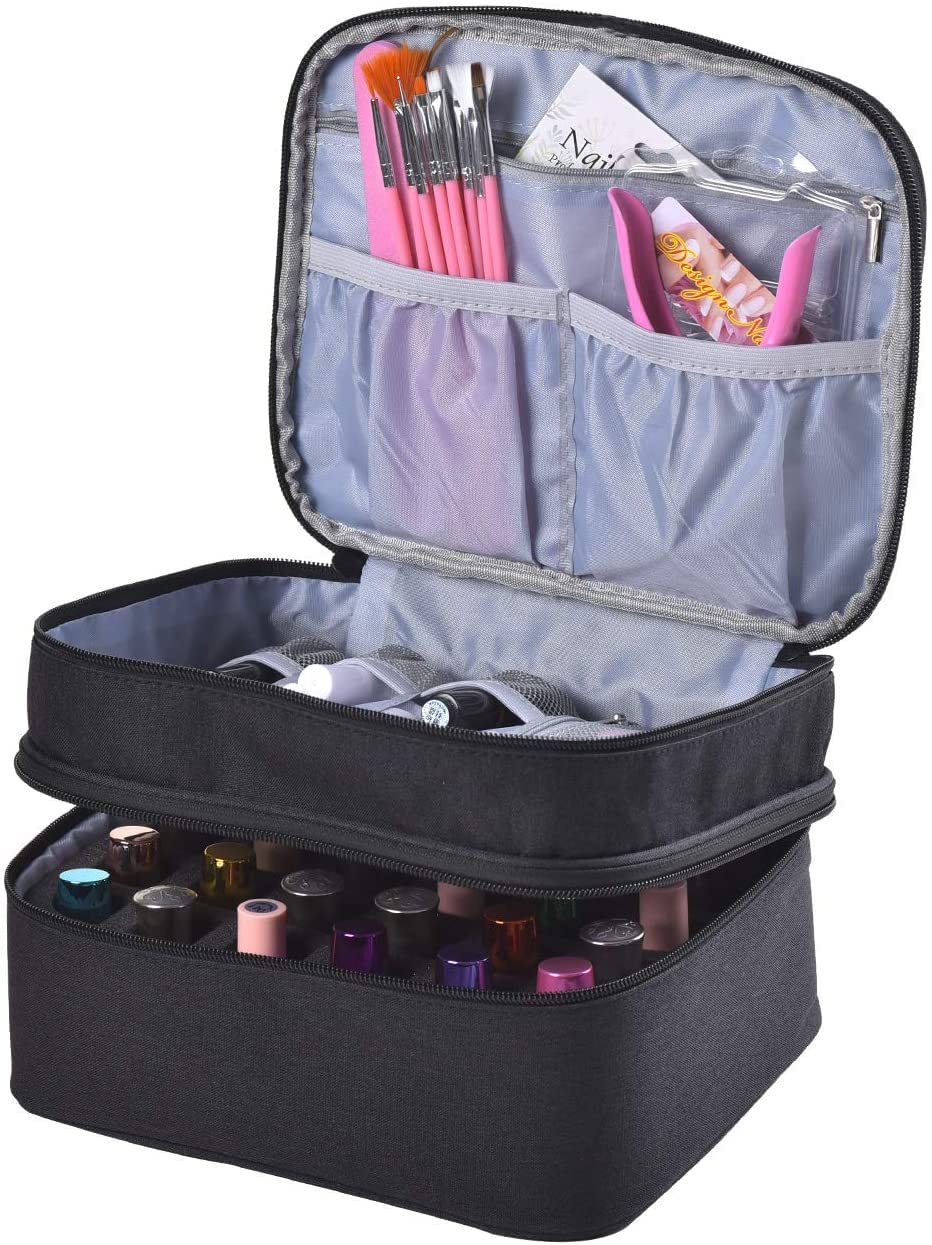30 Bottles Nail Polish Organizer - Double Layer Nail Varnish Storage Case with Handle | Portable Nail Supply Organizer for Salon, Travel & Home Use (Black)