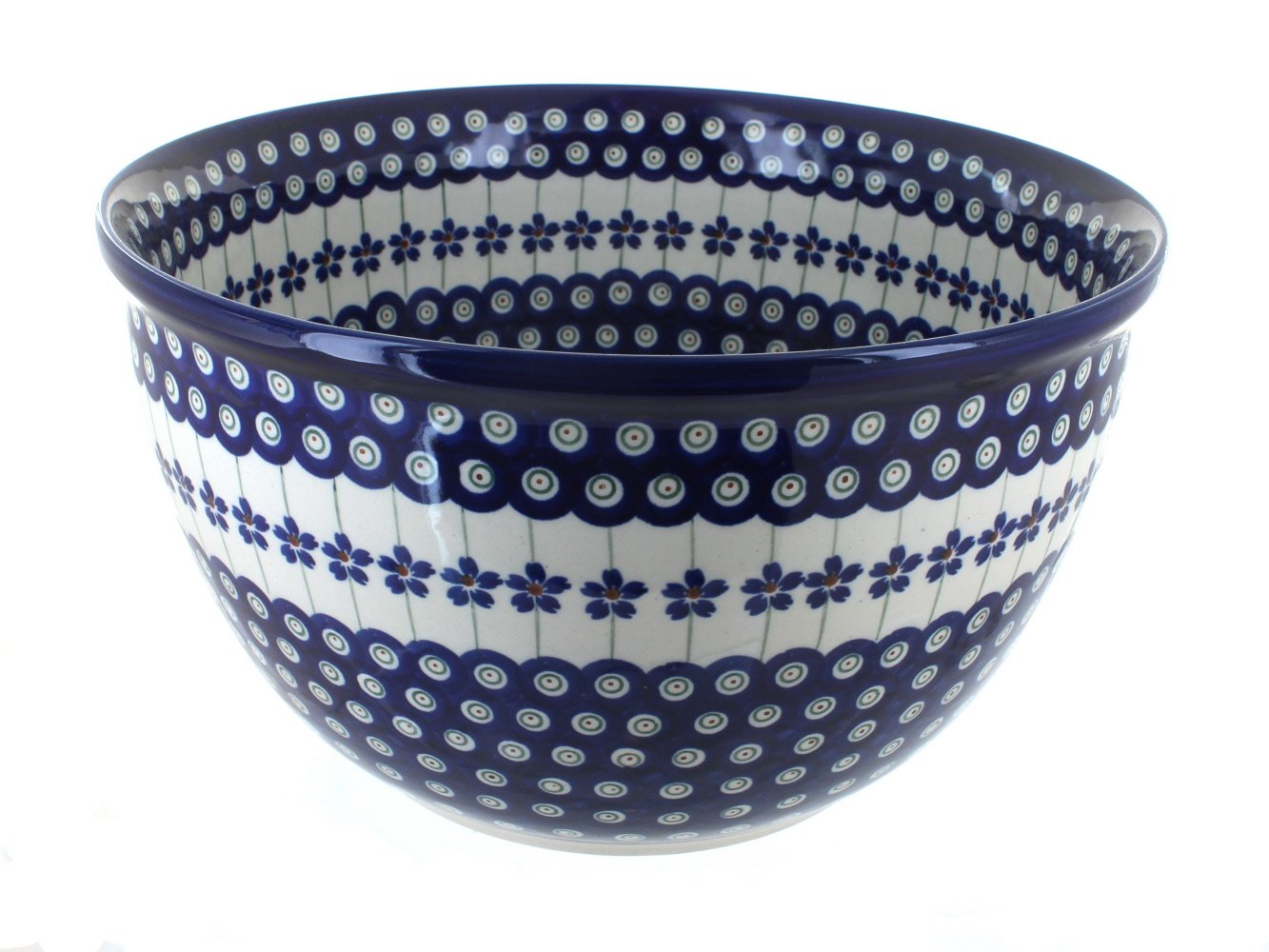 Handmade Blue Rose Polish Pottery Peacock Design Large Mixing Bowl - Durable Ceramic Serving Bowl for Baking, Cooking & Kitchen Decor